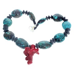 AJD Elegant Statement Real Turquoise, Onyx & Coral 20 1/2" Necklace
