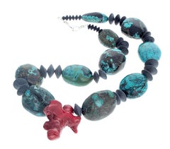 AJD Elegant Statement Real Turquoise, Onyx & Coral 20 1/2" Necklace