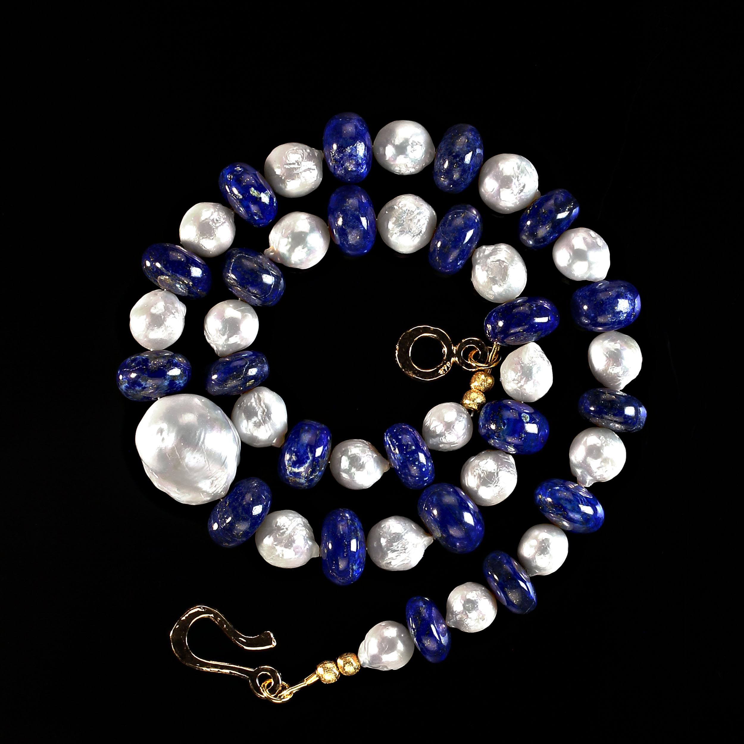 Bead AJD Elegant White Pearl and Blue Lapis Lazuli 20 Inch Necklace For Sale