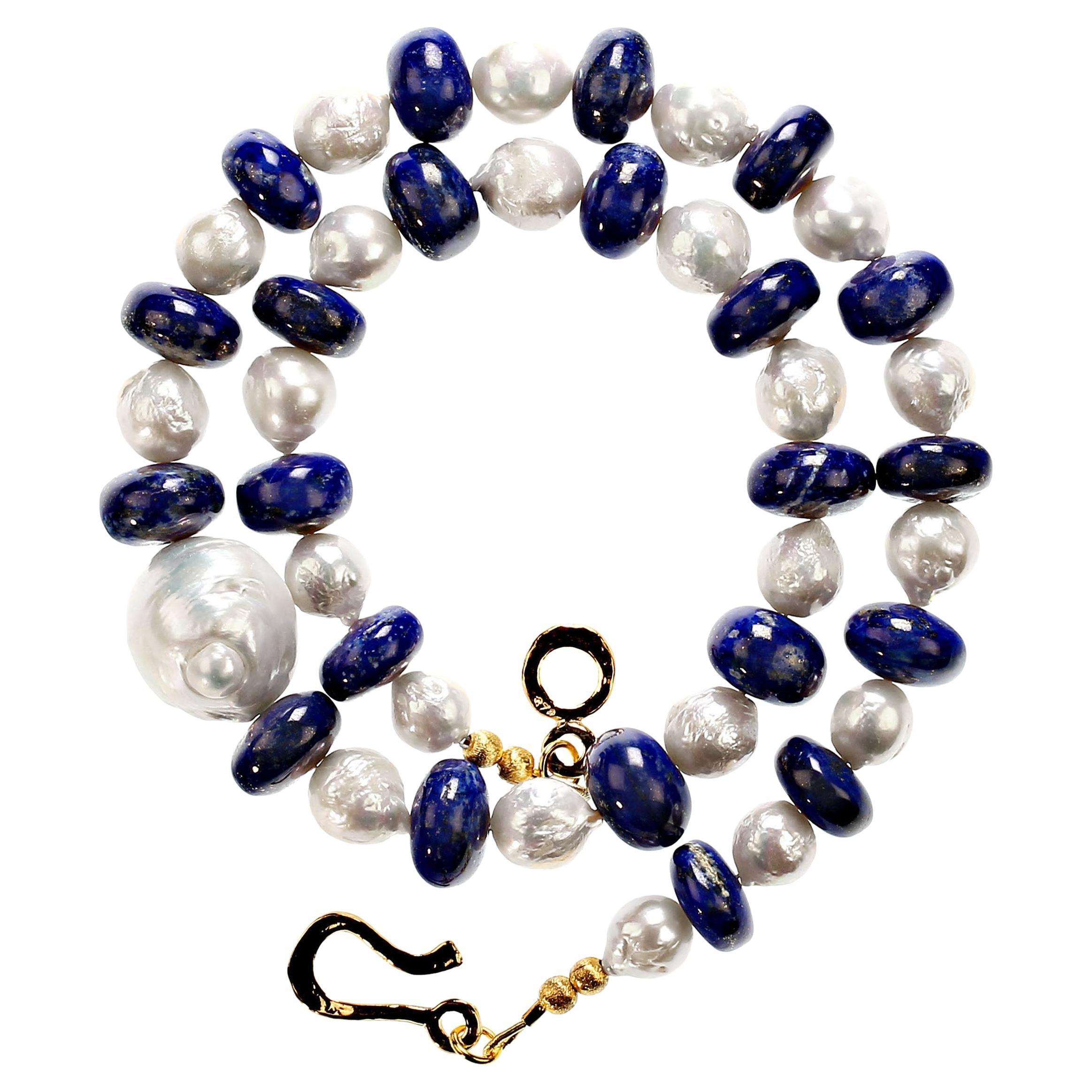 Artisan AJD Elegant White Pearl and Blue Lapis Lazuli 20 Inch Necklace For Sale