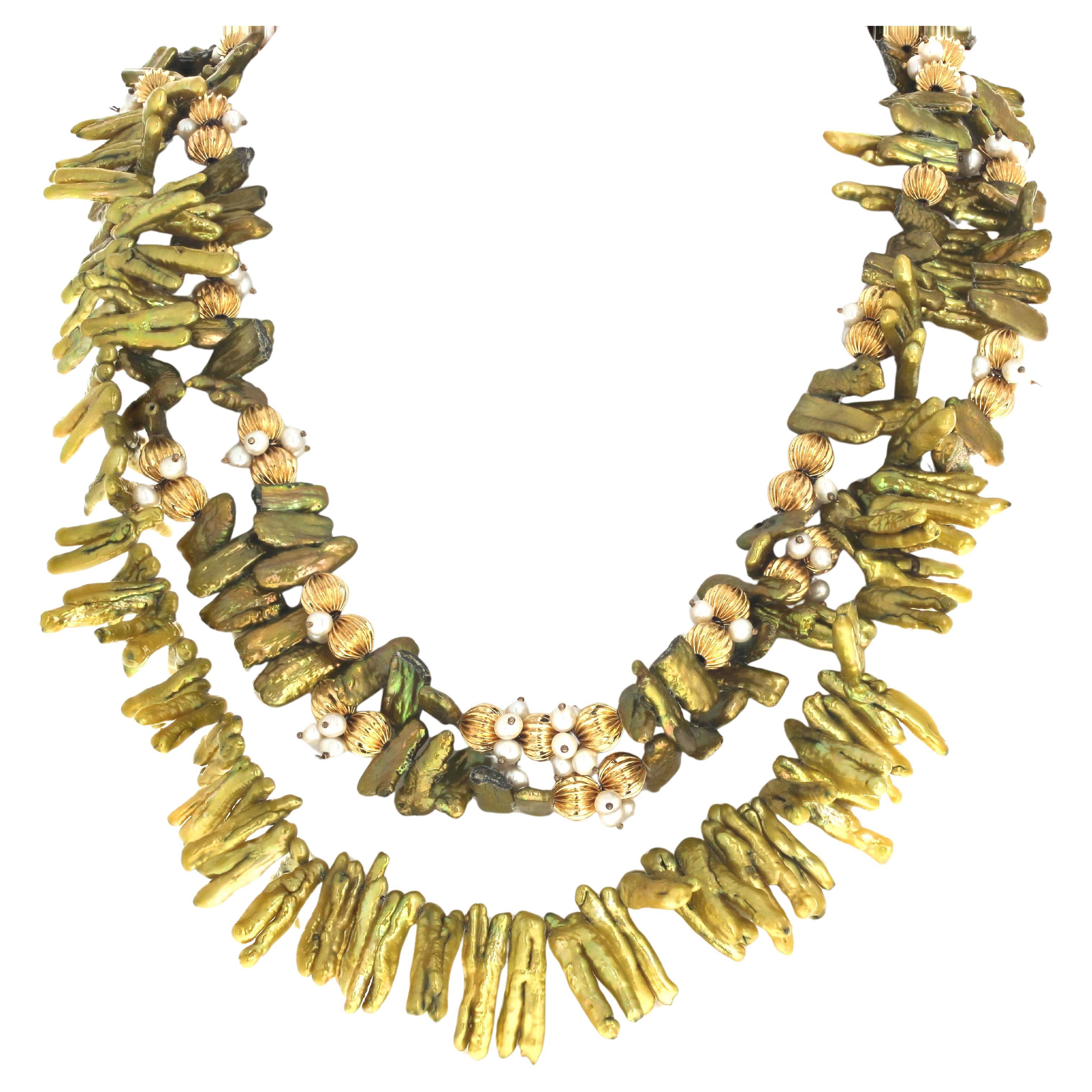 AJD Elegantly Real Pearl Chips & Small White Pearls Triple Strand 23" Necklace For Sale
