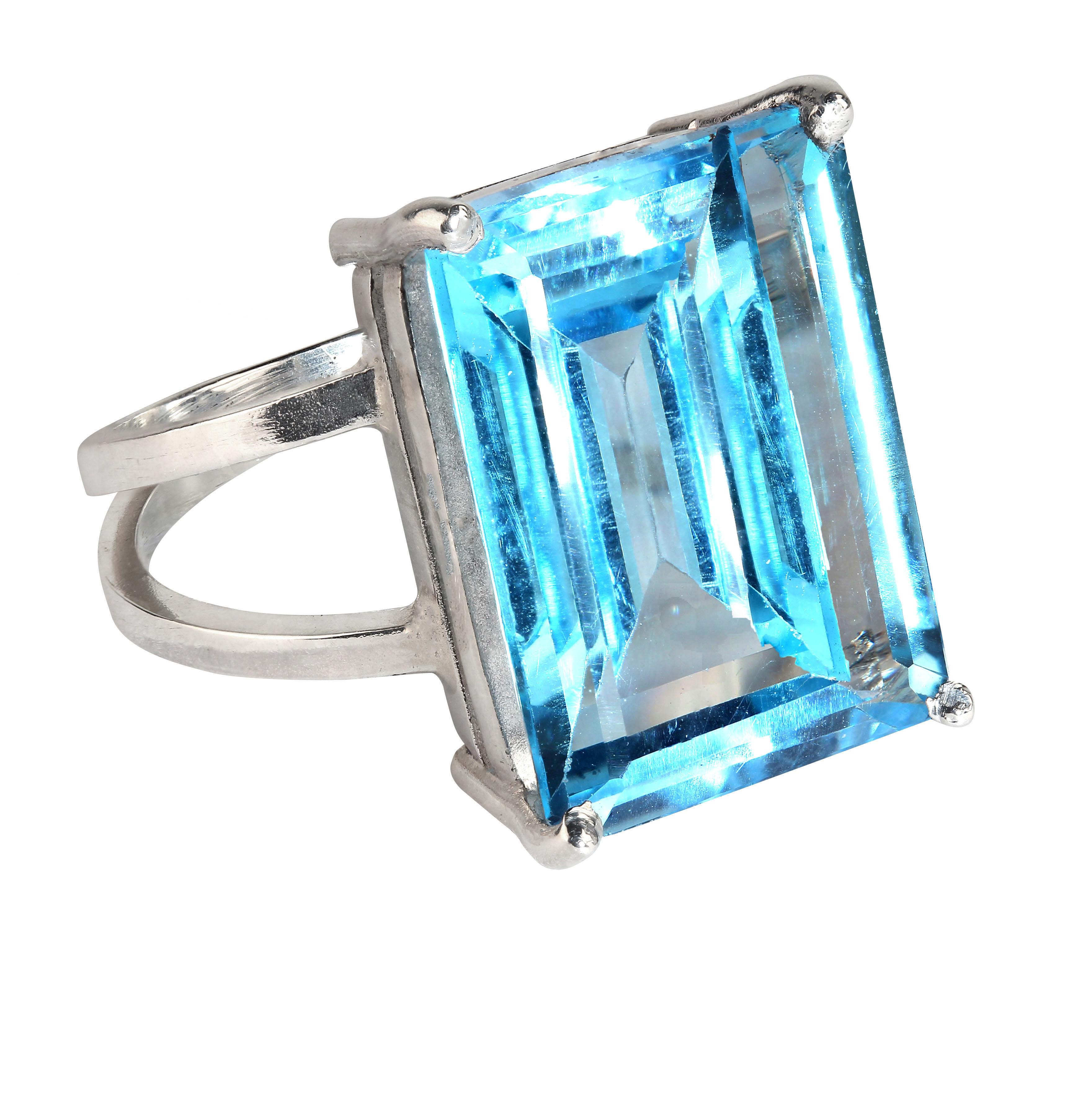 AJD Exciting 16 Carat Emerald Cut Sky Blue Topaz and Sterling Silver Ring In New Condition For Sale In Raleigh, NC