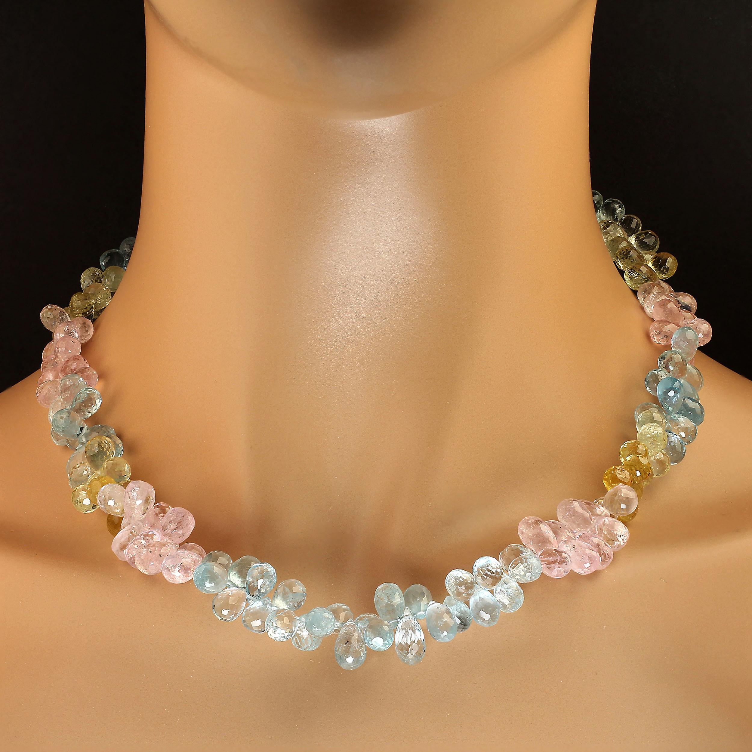 One of a kind Multi Color Beryl necklace in faceted briolettes. This gorgeous collar is so sparkling and fun to wear it will be your 'go to' necklace for cocktails and dinner. These 10 X 8 MM Beryls include pink, yellow, clear, and blue. At 19
