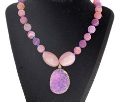 AJD Beautiful Real Natural Druzy Quartz & Real Pink Quartz 20" Fun Necklace