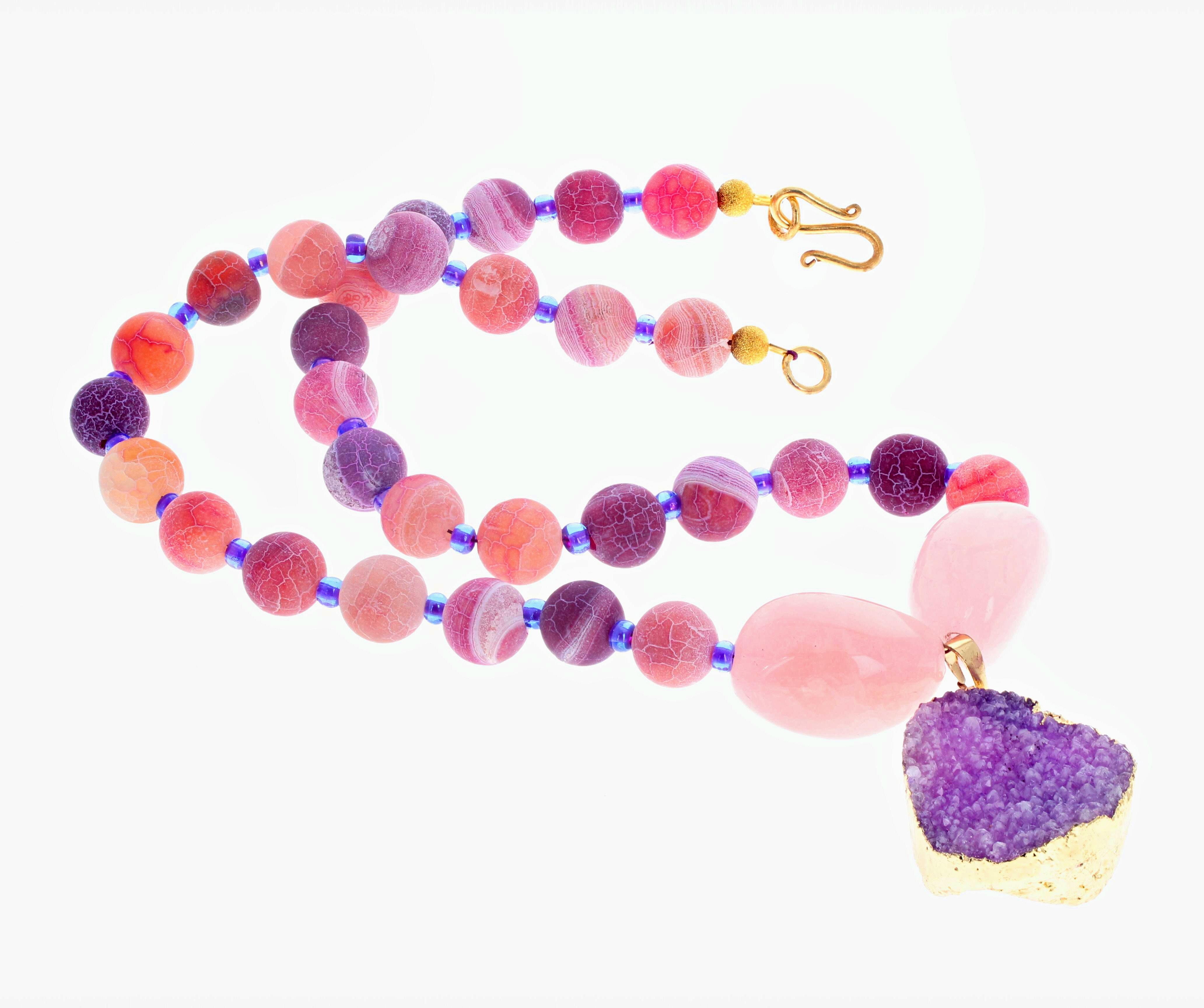 Taille mixte AJD extraordinaire collier de 20 pouces en quartz Druzy naturel et quartz rose en vente