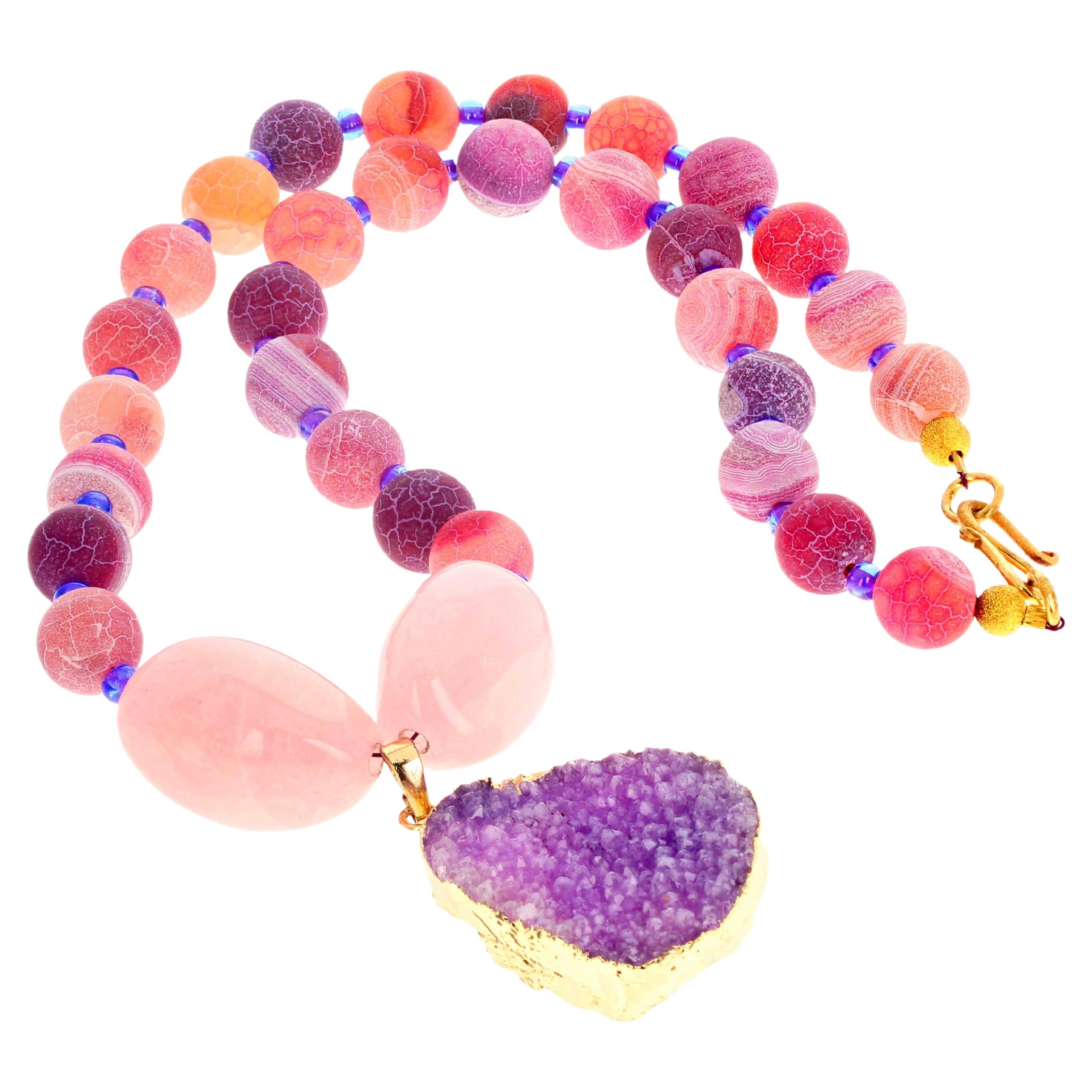 AJD extraordinaire collier de 20 pouces en quartz Druzy naturel et quartz rose en vente