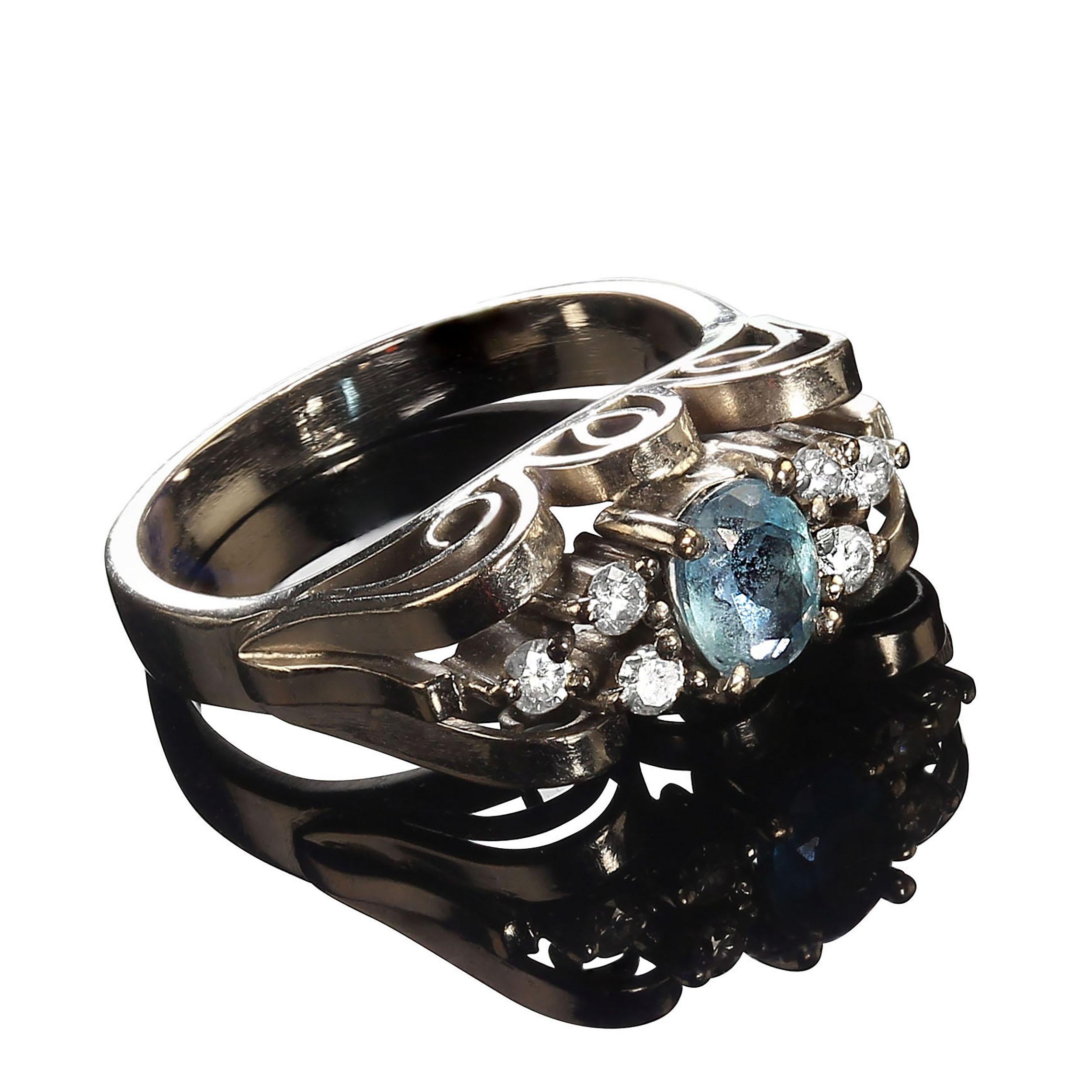 Oval Cut AJD Fascinating Brazilian Aquamarine accented with 6 diamonds in White gold ring For Sale