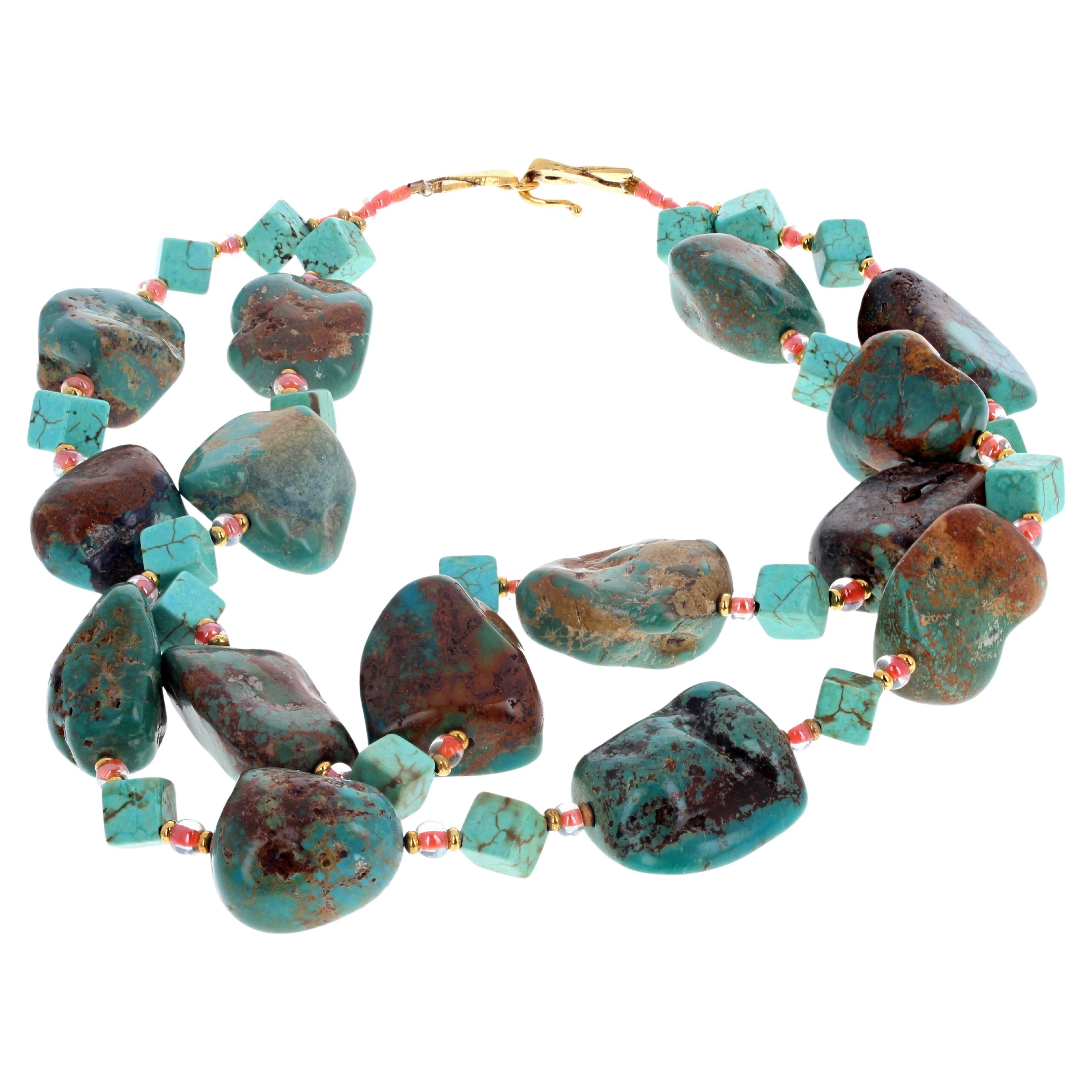 Amazing highly polished natural Chinese Turquoise in this beautiful double strand 17 inches long necklace.  The smaller cubic gemstones are also blue Turquoise.  The largest Turquoise is approximately 26mm x 22mm and although each one is a different