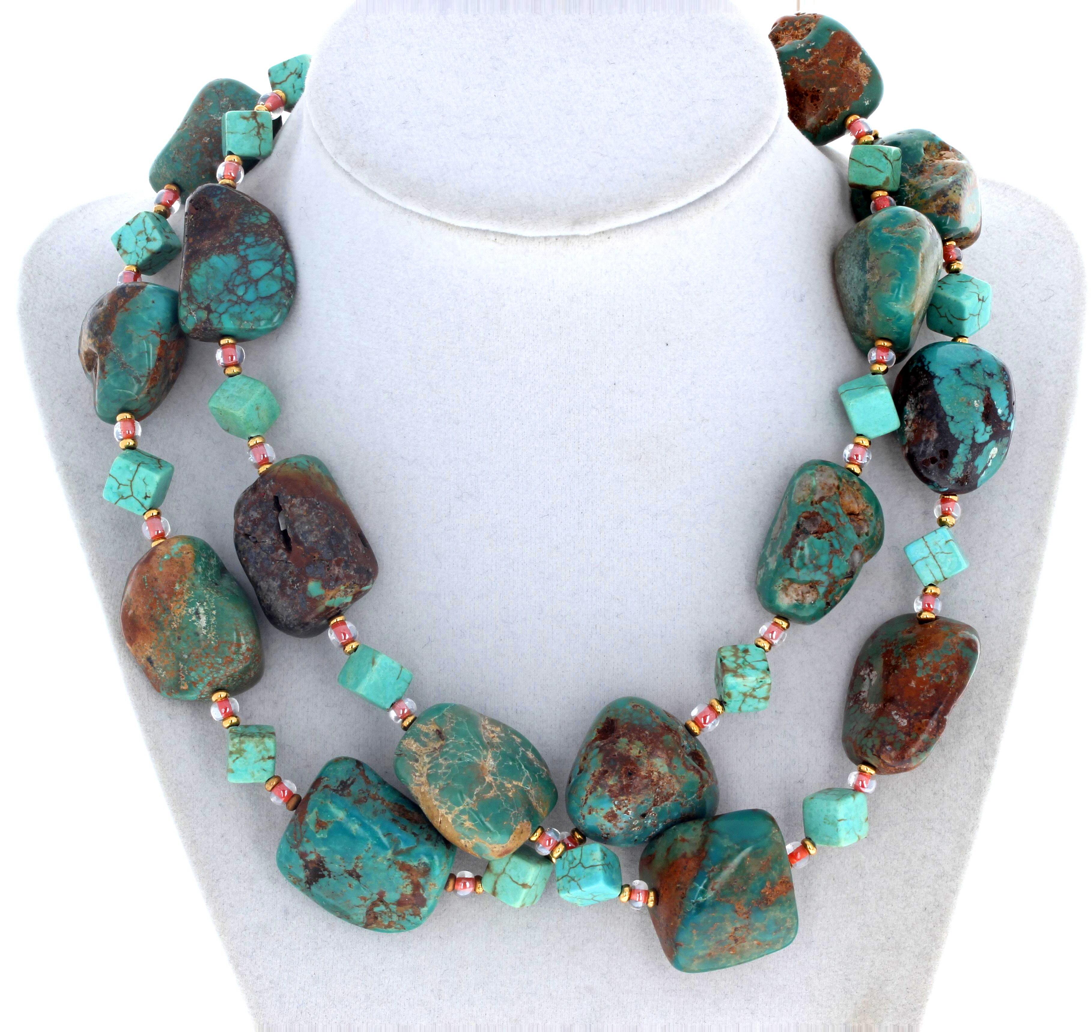 AJD Fascinating Dramatic Natural Chinese Turquoise Double Strand Necklace In New Condition For Sale In Raleigh, NC