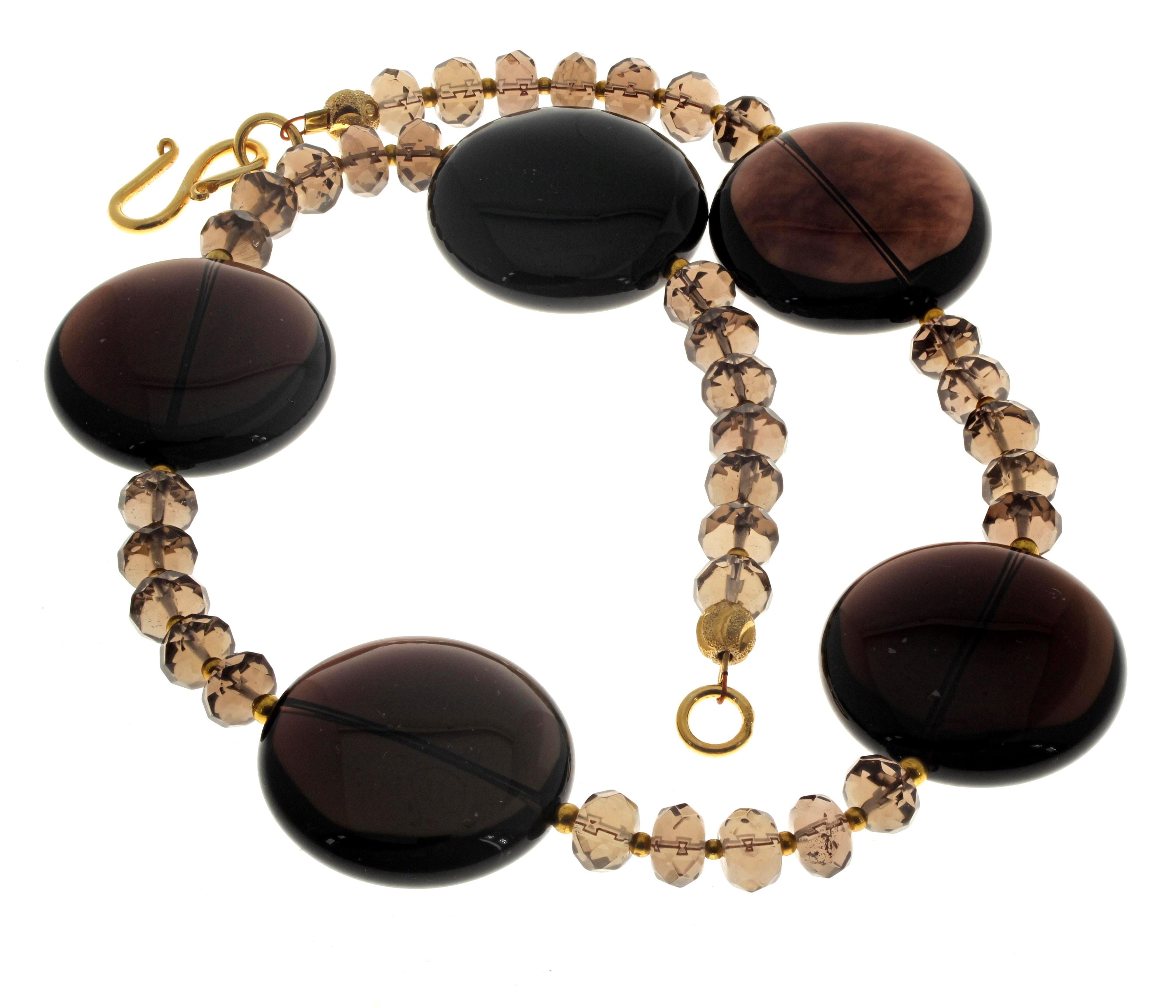 This simple elegant Natural Smoky Quartz necklace is 17 inches long.  The large round statement ones are 30mm across x 10mm thick and the glittering gem cut lighter Smoky Quartz are approximately 8mm x 5mm.  The clasp is an easy to use gold plated