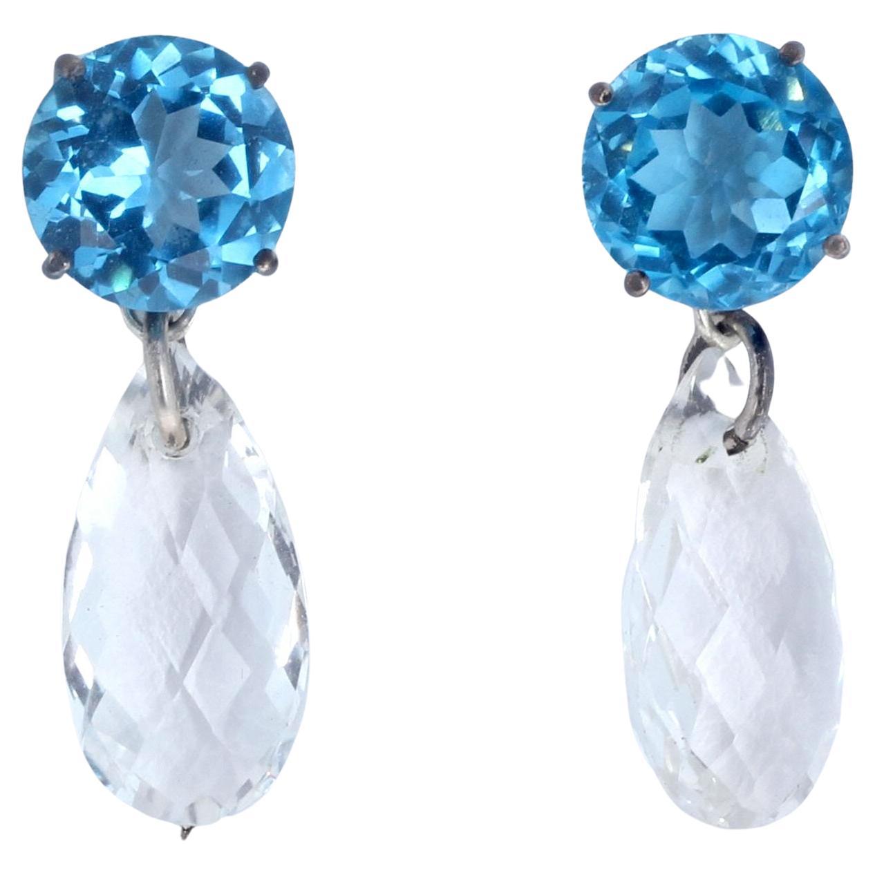 AJD Fascinating Intense Blue Topaz & Natural Clear White Gemcut Topaz Earrings