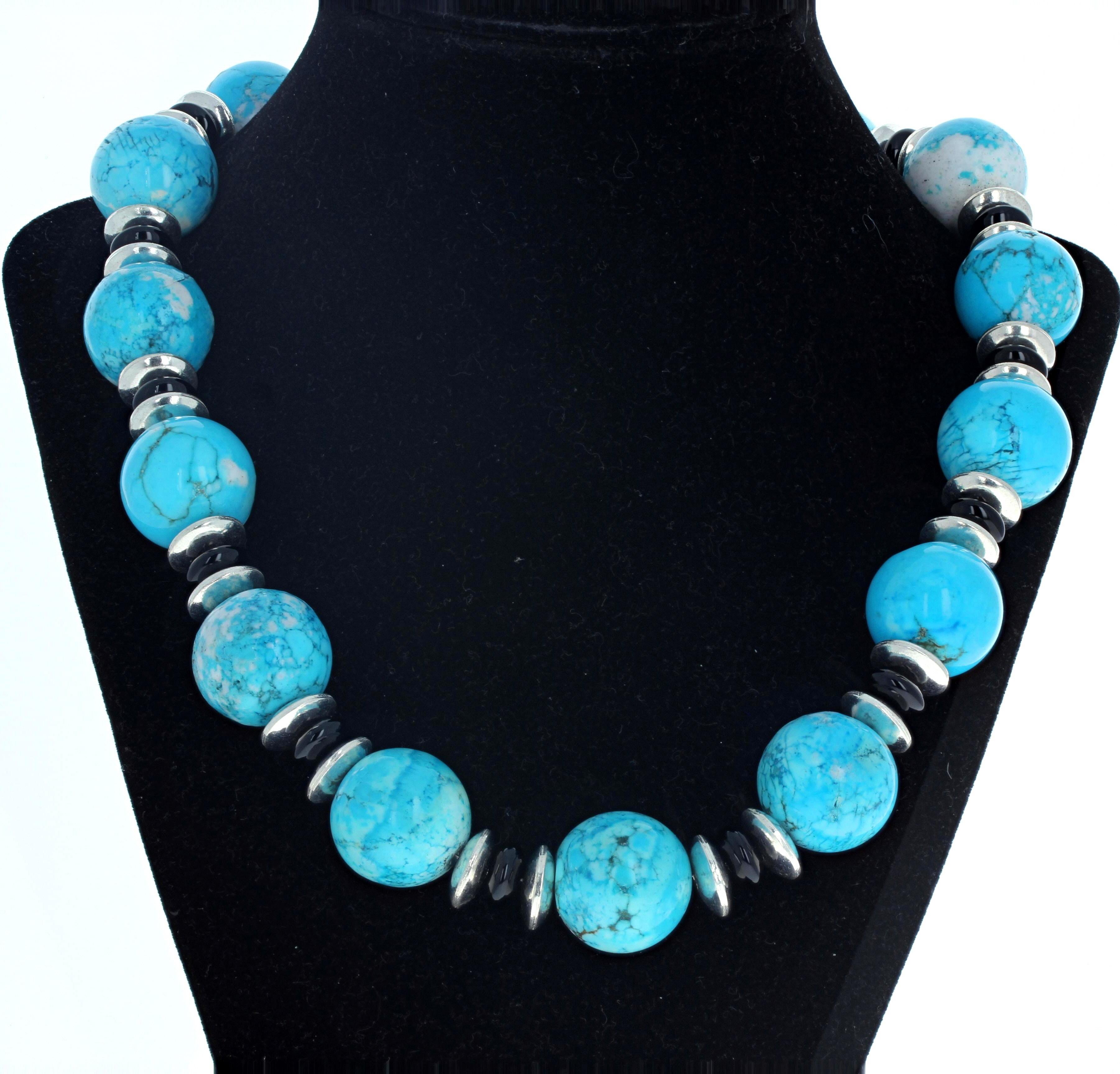 AJD Gorgeous Natural Blue Calsite & Black Onyx 20.5" Dramatic Necklace For Sale