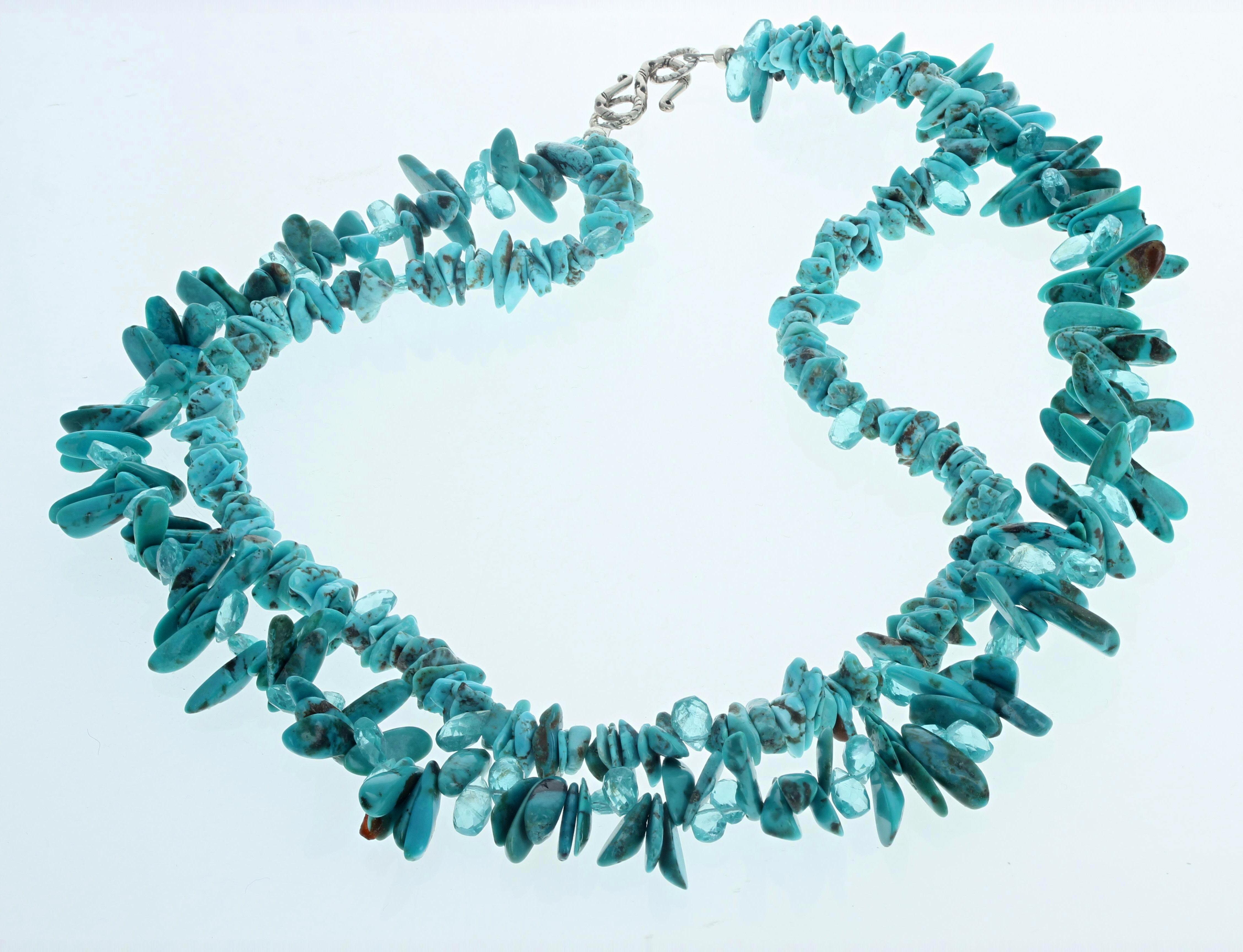 This beautiful double strand necklace of highly polished smooth chips of natural real blue Turquoise is 18 inches long with a silver hook easy to use clasp.  The biggest chips are approximately 13mm.  This double strand sits happily on your neck.