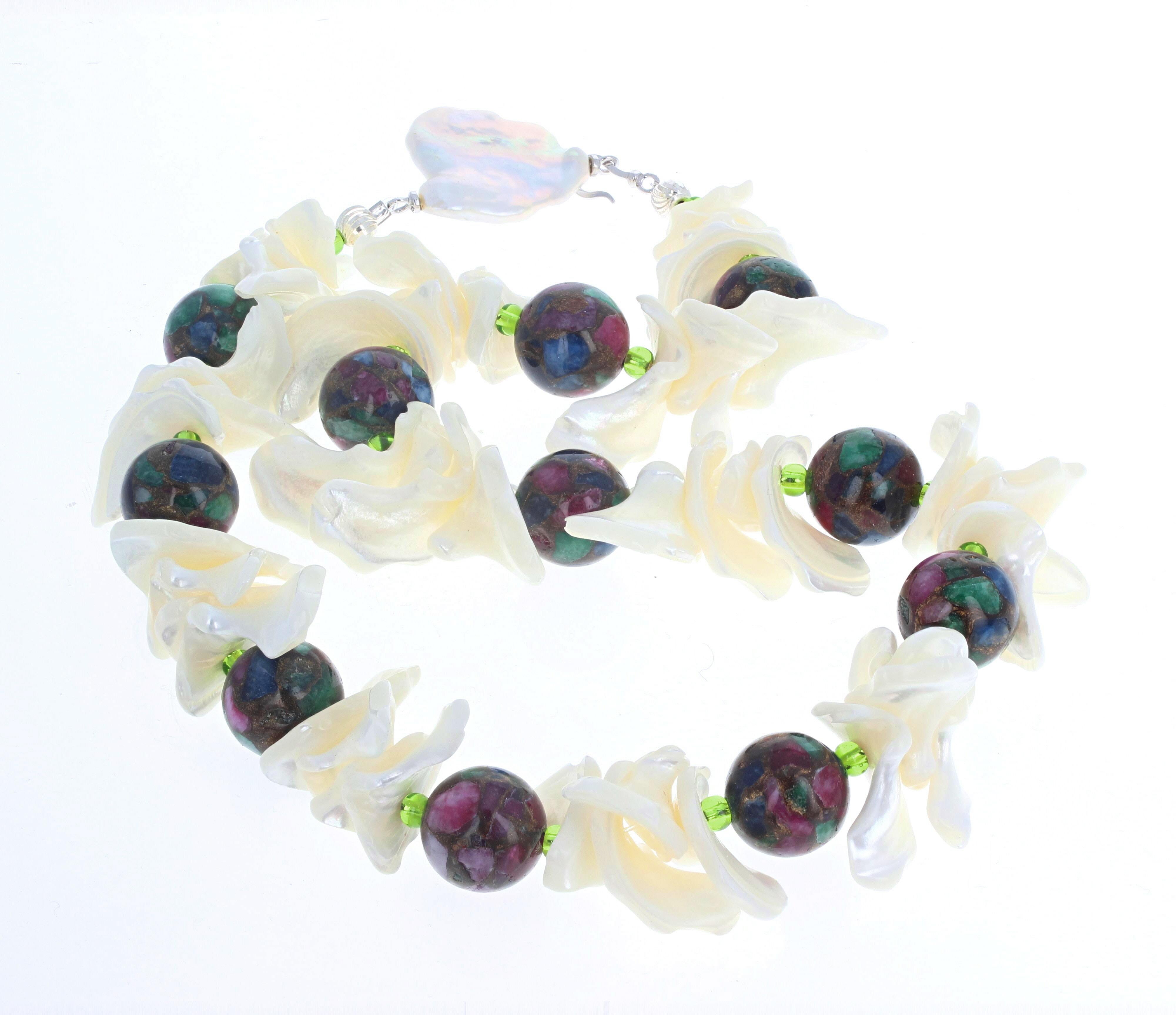 Mixed Cut AJD Fascinating Multicolor Natural Real Ruby Zoisite & Real Pearl Shell Necklace For Sale