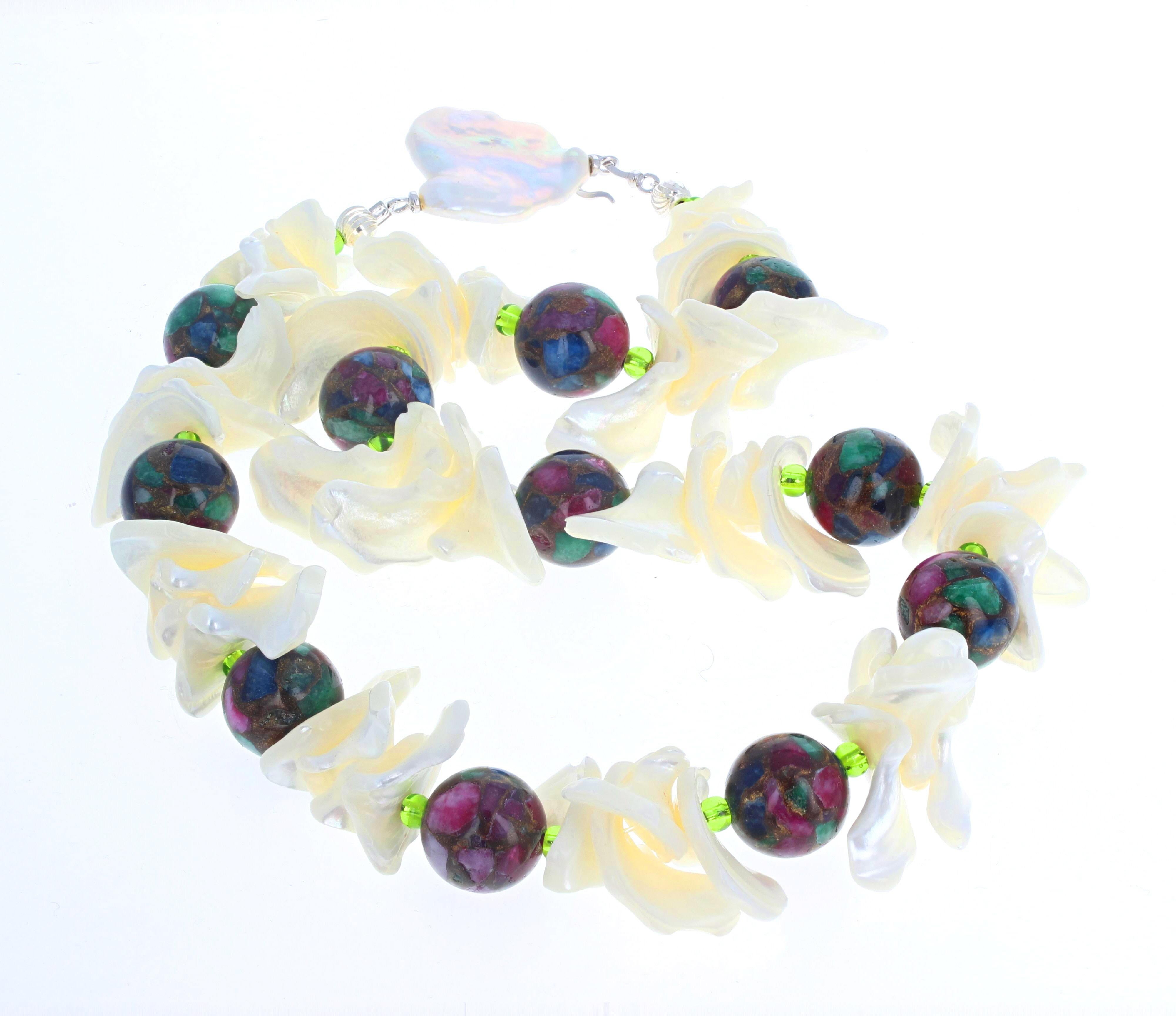 AJD Fascinating Multicolor Natural Real Ruby Zoisite & Real Pearl Shell Necklace In New Condition For Sale In Raleigh, NC