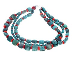 AJD Fascinating Triple Strand Turquoise, Chrysocolla & Coral 16 1/2" Necklace