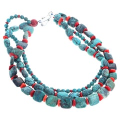AJD Fascinating Triple Strand Turquoise, Chrysocolla & Coral 16 1/2" Necklace