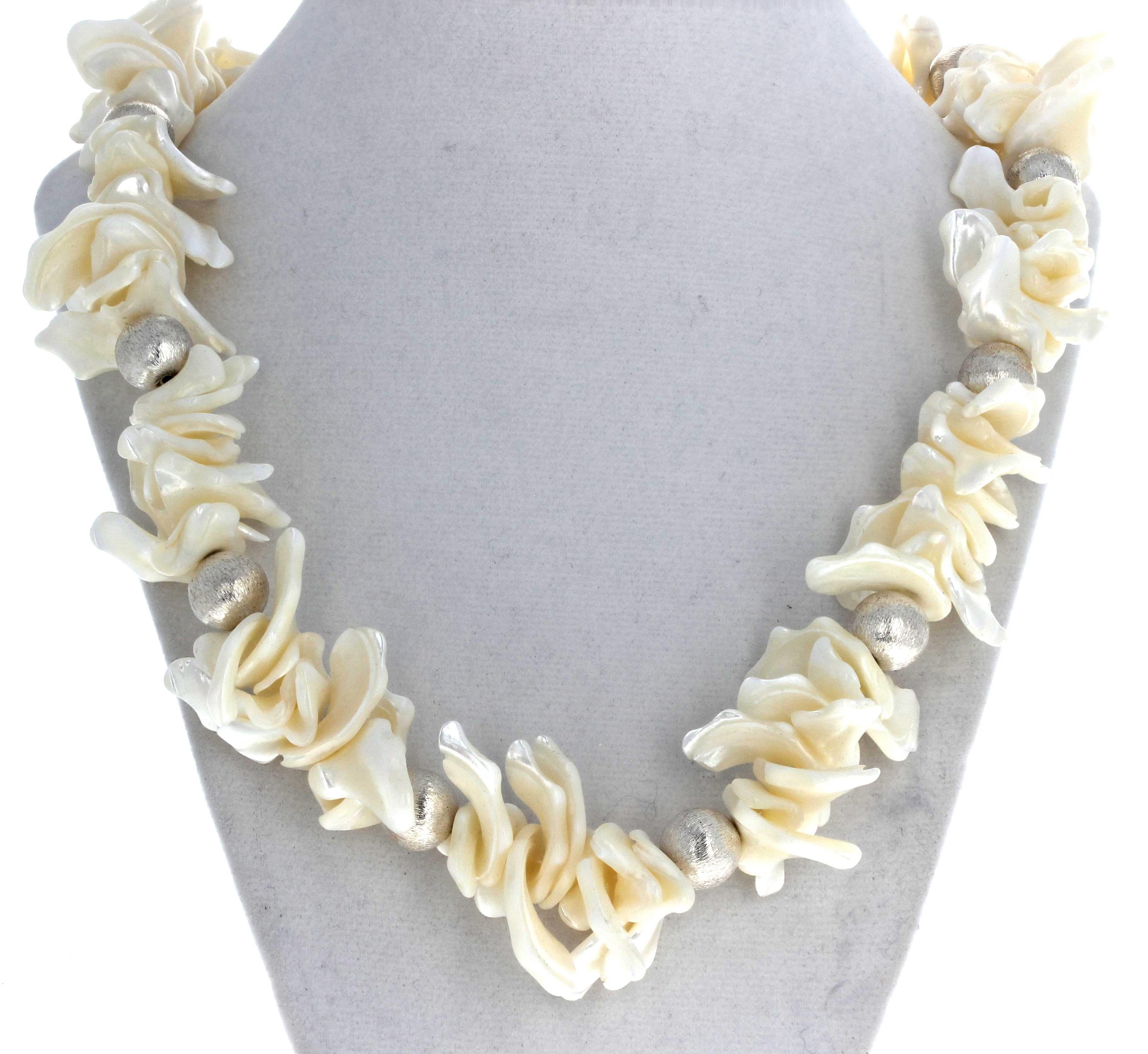 This fascinatingly beautiful natural Flip-Flop Pearl necklace is 21 1/2 inches long.  The Silver plated rondels enhance the drama of these extraordinary Pearl pieces.  The largest flipflops are approximately 1 1/2inches long and the silver plated