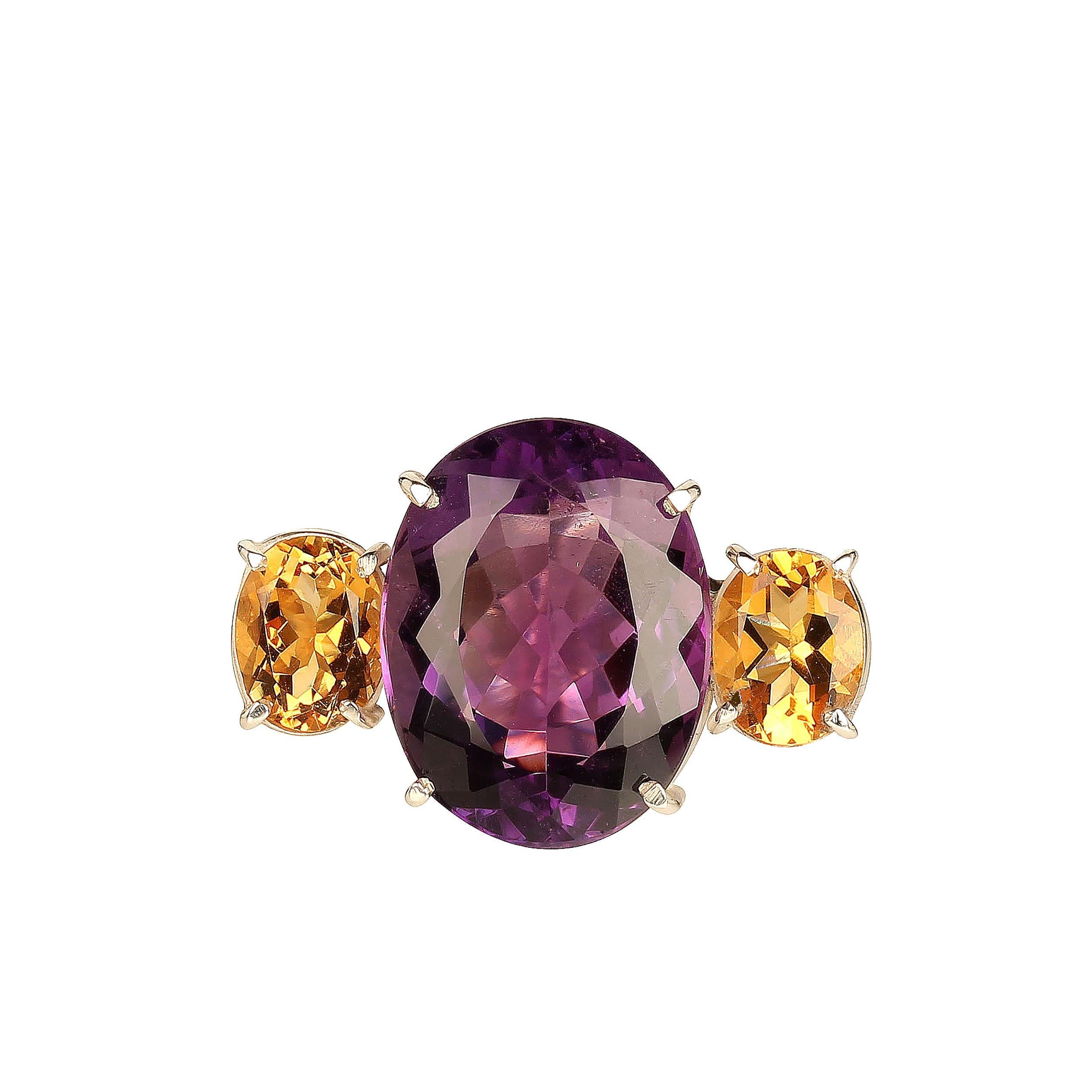 AJD Oval Amethyst Accented with Sparkling Citrines Ring      February Birthstone In New Condition In Raleigh, NC