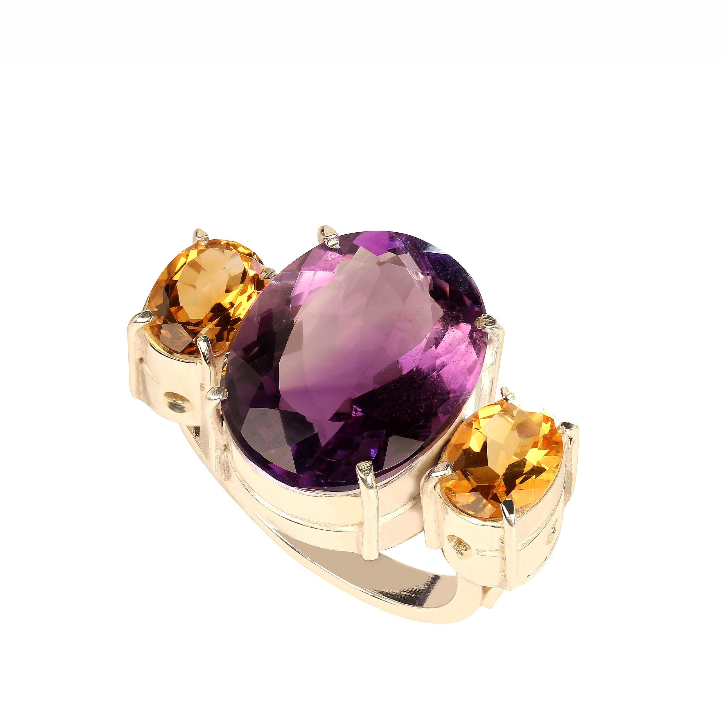 Women's or Men's AJD Oval Amethyst Accented with Sparkling Citrines Ring      February Birthstone