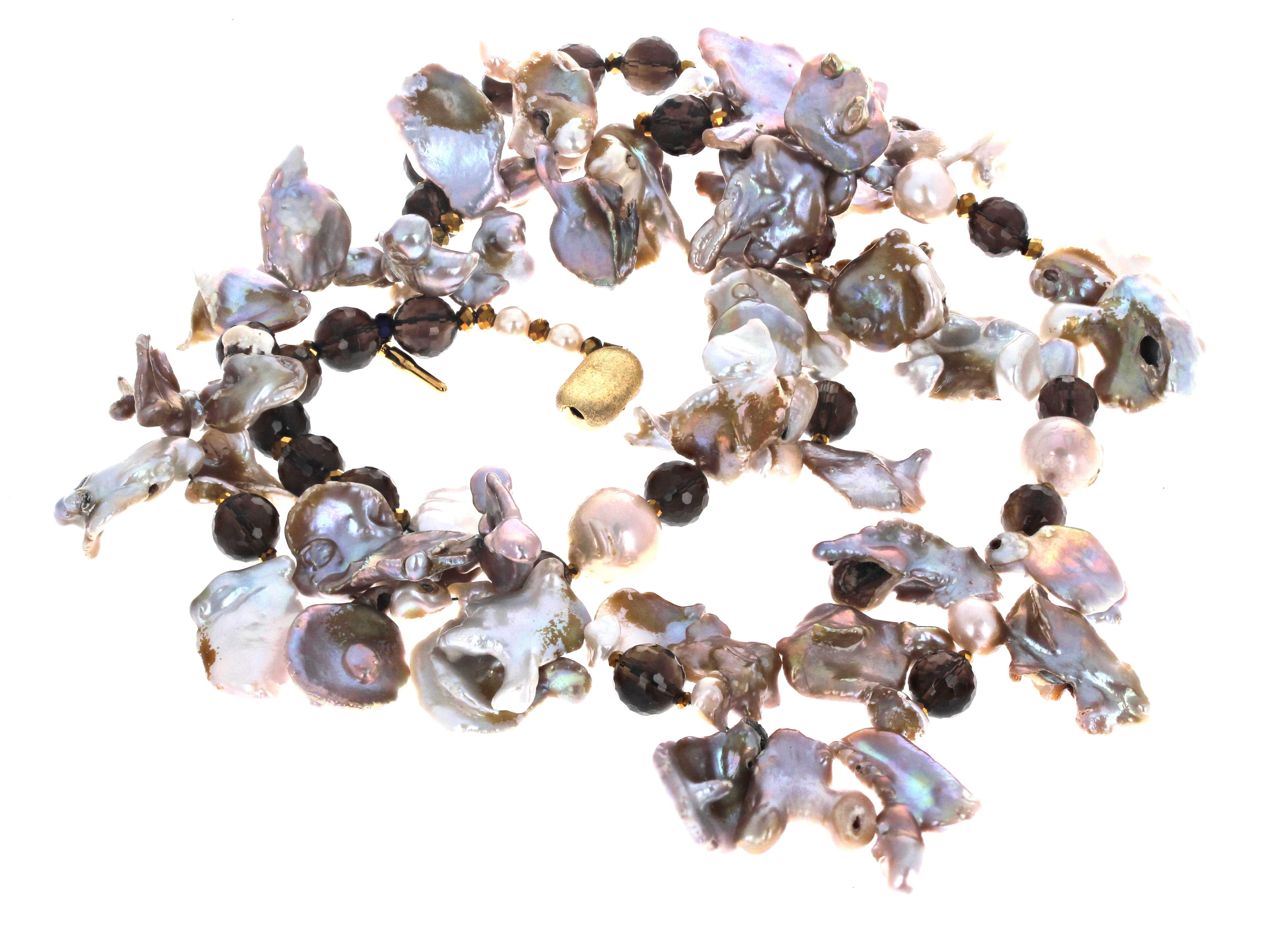 Mixed Cut AJD Flip-Flop Real Pearls & Real Smoky Quartz Double Strand Necklace For Sale