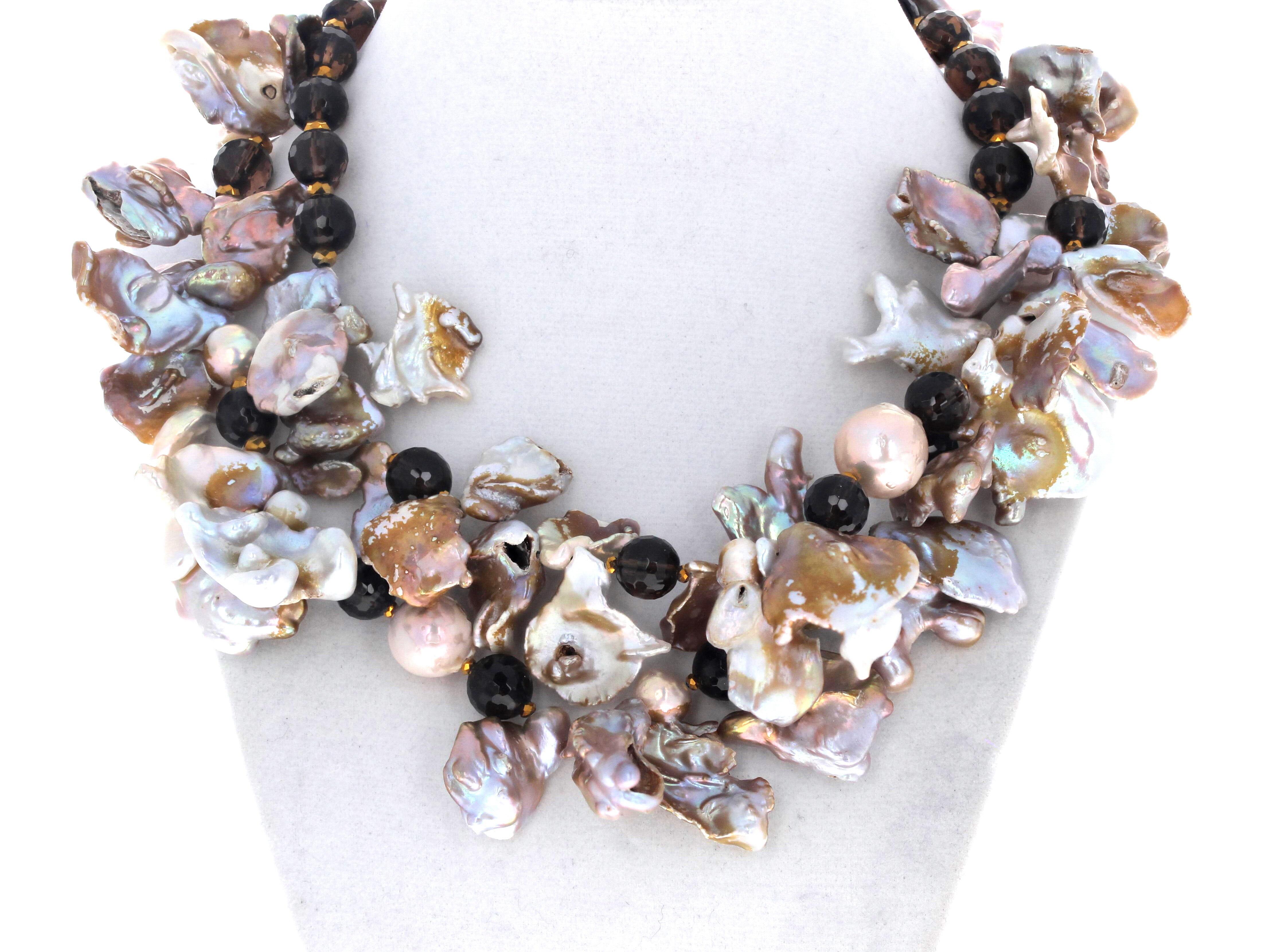 AJD Flip-Flop Real Pearls & Real Smoky Quartz Double Strand Necklace In New Condition For Sale In Raleigh, NC