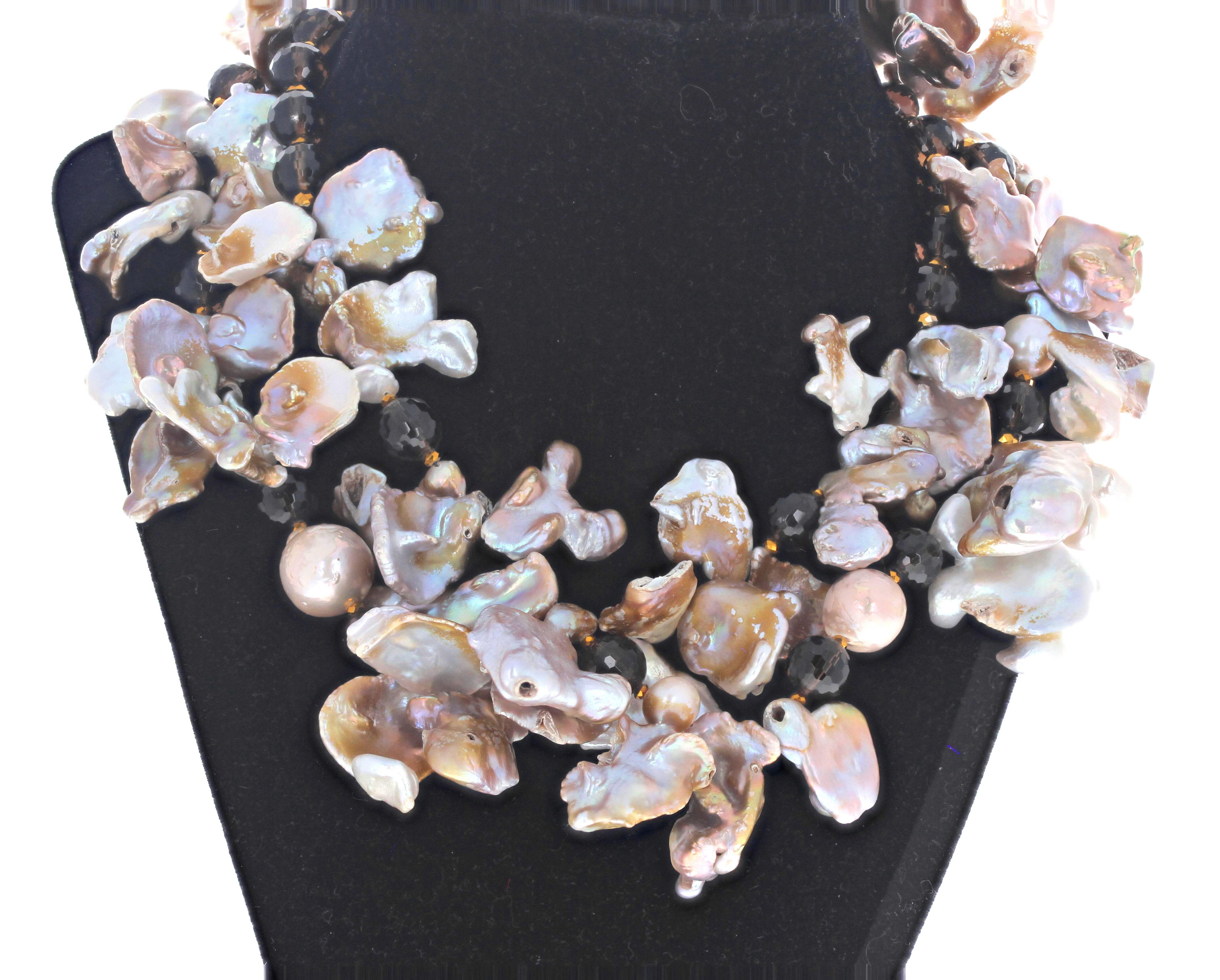 Women's or Men's AJD Flip-Flop Real Pearls & Real Smoky Quartz Double Strand Necklace For Sale