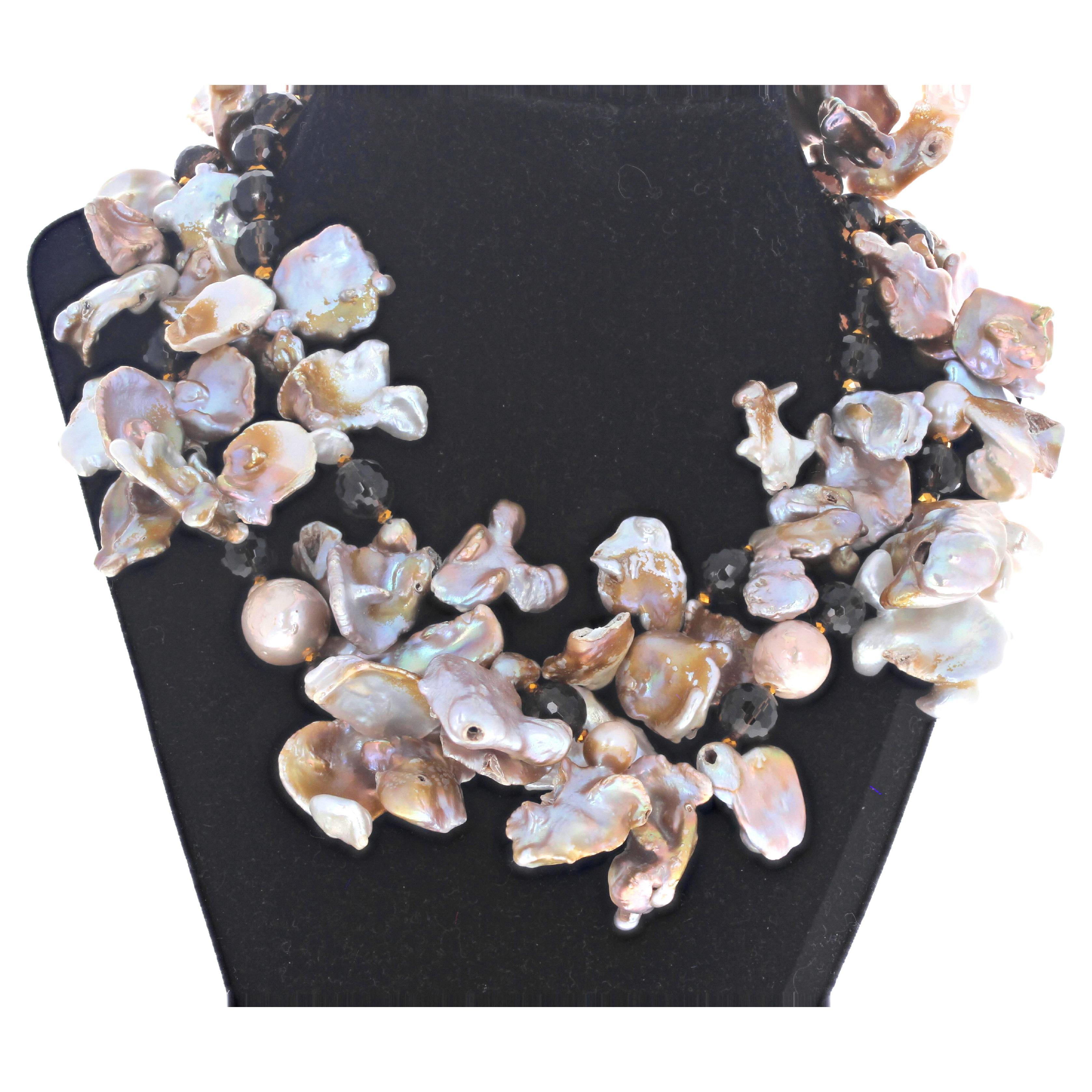 AJD Flip-Flop Real Pearls & Real Smoky Quartz Double Strand Necklace