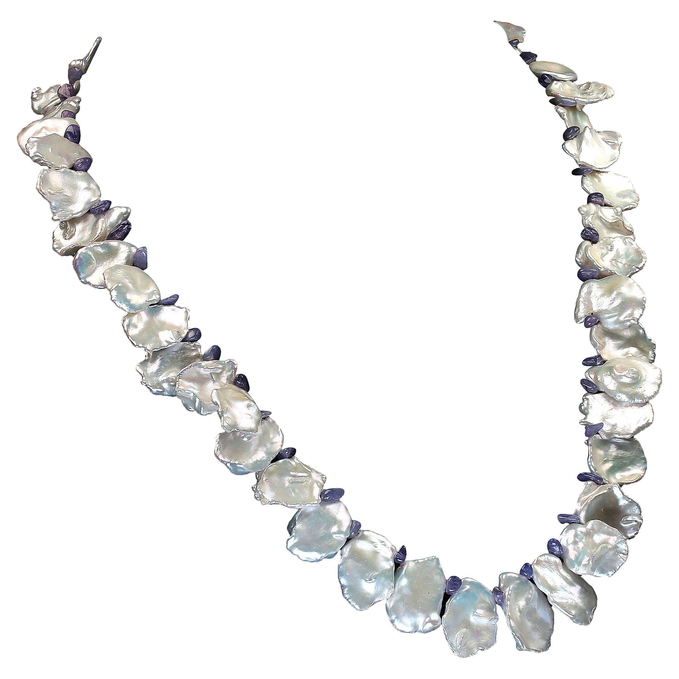 Artisan AJD Fluttering White Keshi Pearl Necklace Tanzanite Accents June Birthstone