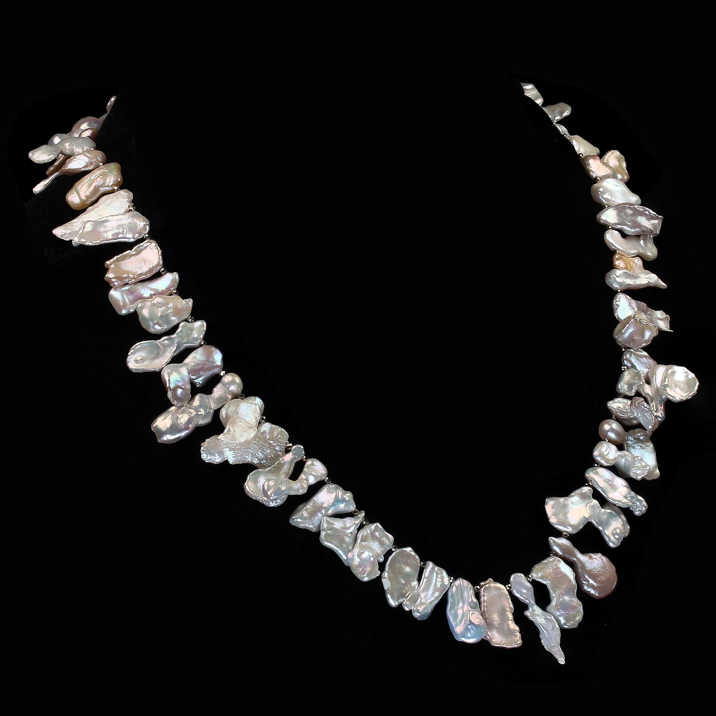 Because you deserve to wear Pearls

Custom made necklace of iridescent whitish Pearls with sparkling golden pyrite accents. These iridescent Pearls are freeform, mainly longer than wide, featuring interesting shapes and measuring approximately