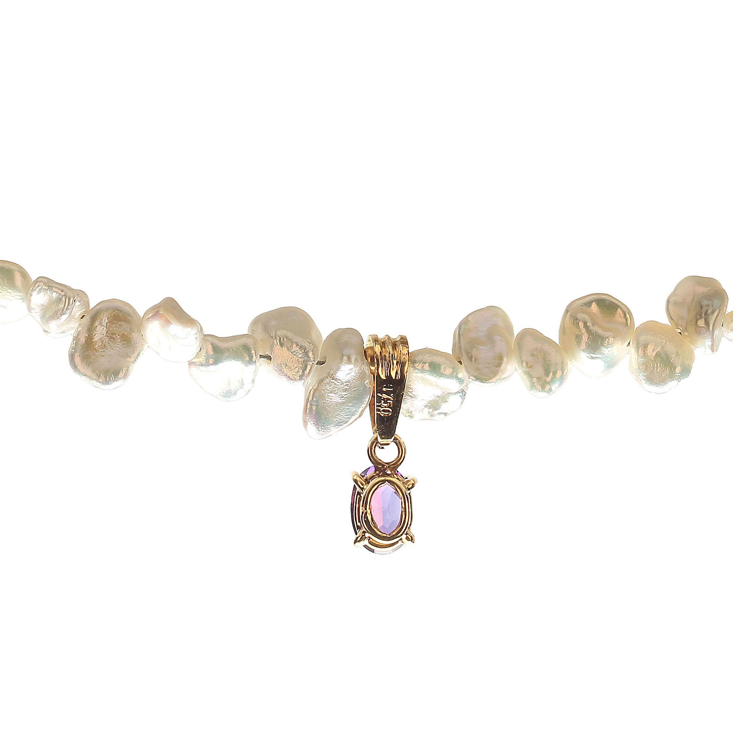 Women's or Men's AJD Freshwater Pearl Necklace with Amethyst in 18K Yellow Gold