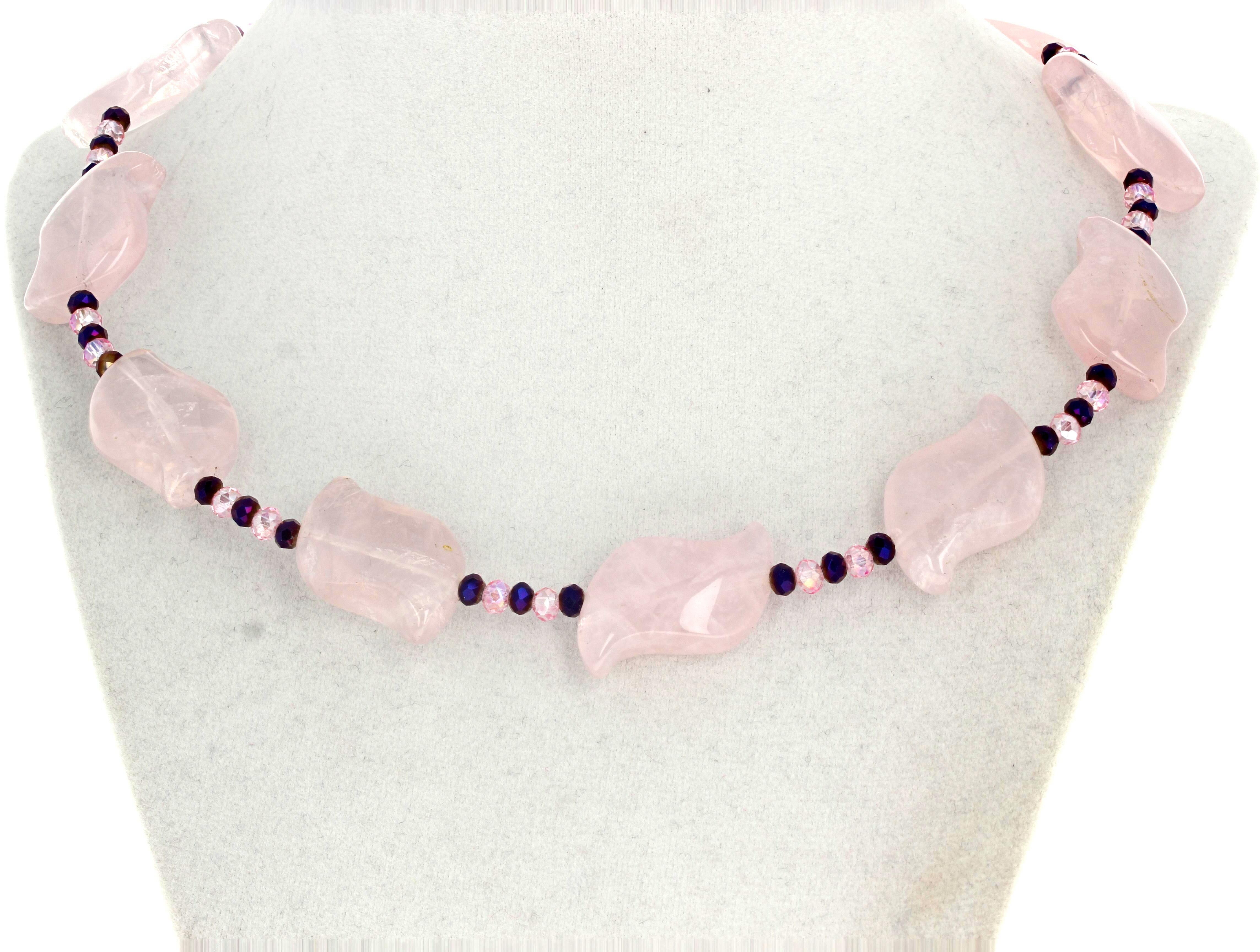 These lovely polished translucent natural real Pink Quartz  (approximately 25mm long x 19mm wide) are enhanced with little gem cut natural real purple amethysts and real pink quartz.  The clasp is an easy to use silvery hook clasp.  