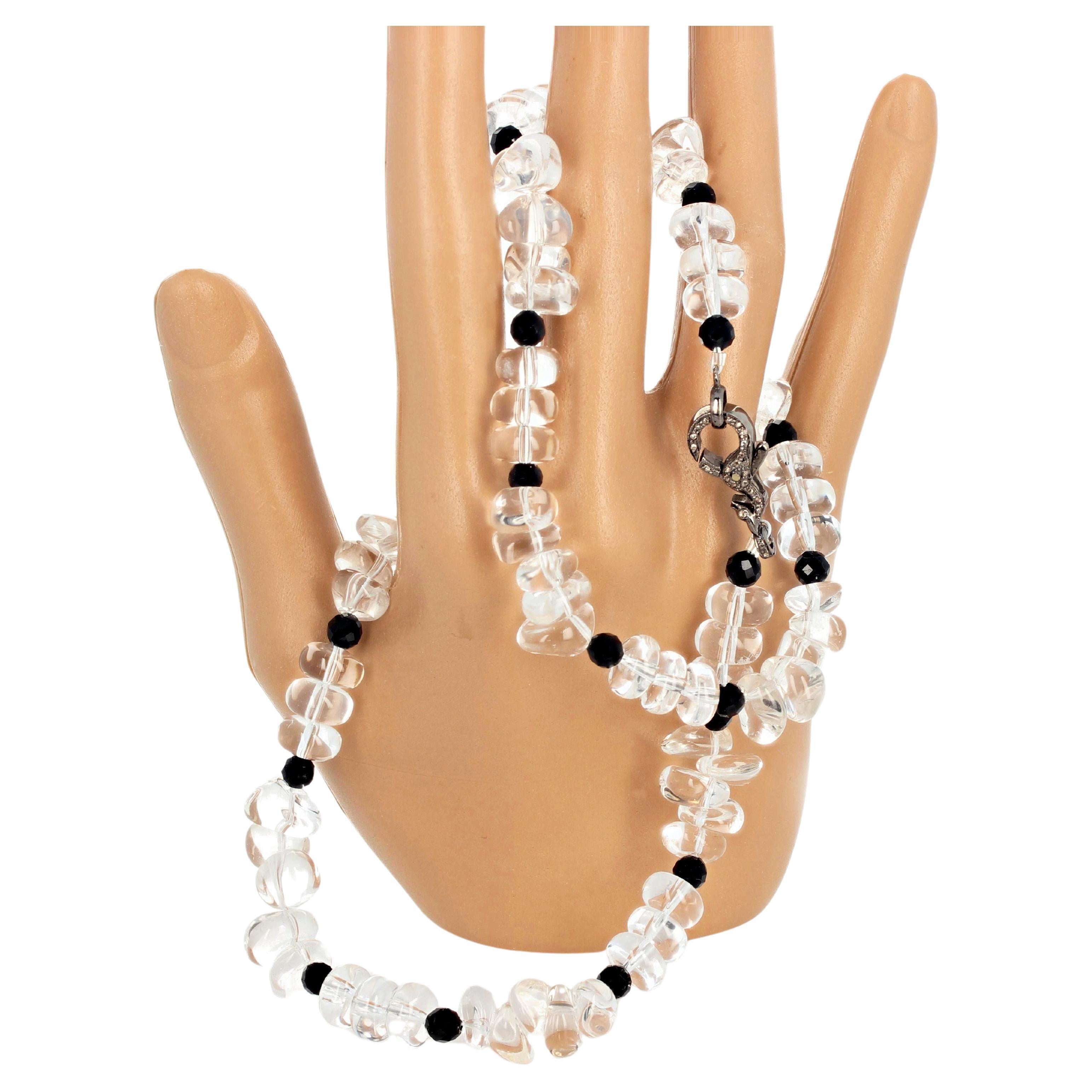 AJD Glittering Silvery White Quartz & Black Spinel Diamond Clasp 16.5" Necklace