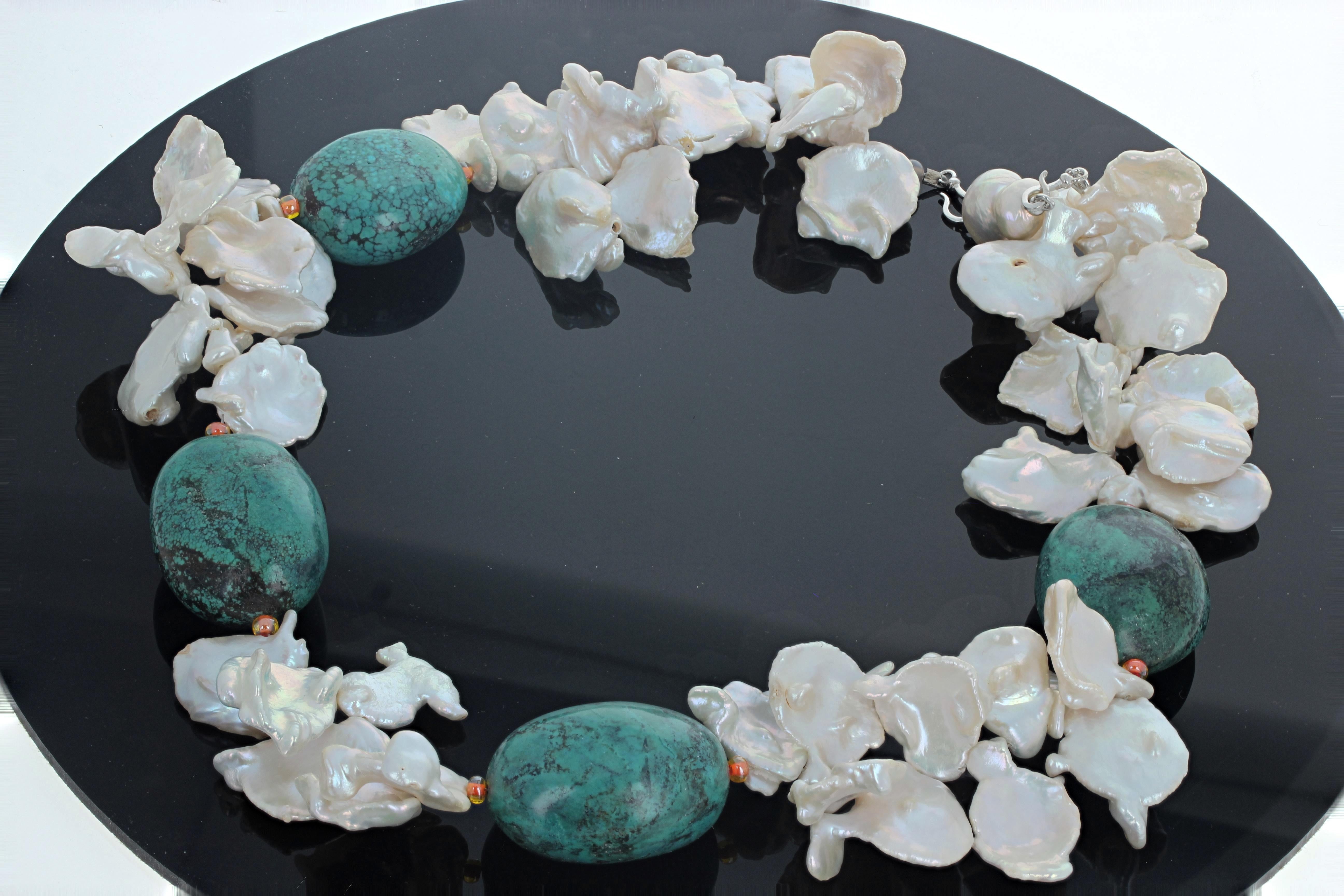 Mixed Cut AJD Glowing Bright Natural FlipFlop Pearls & Polished Turquoise 21 Necklace For Sale