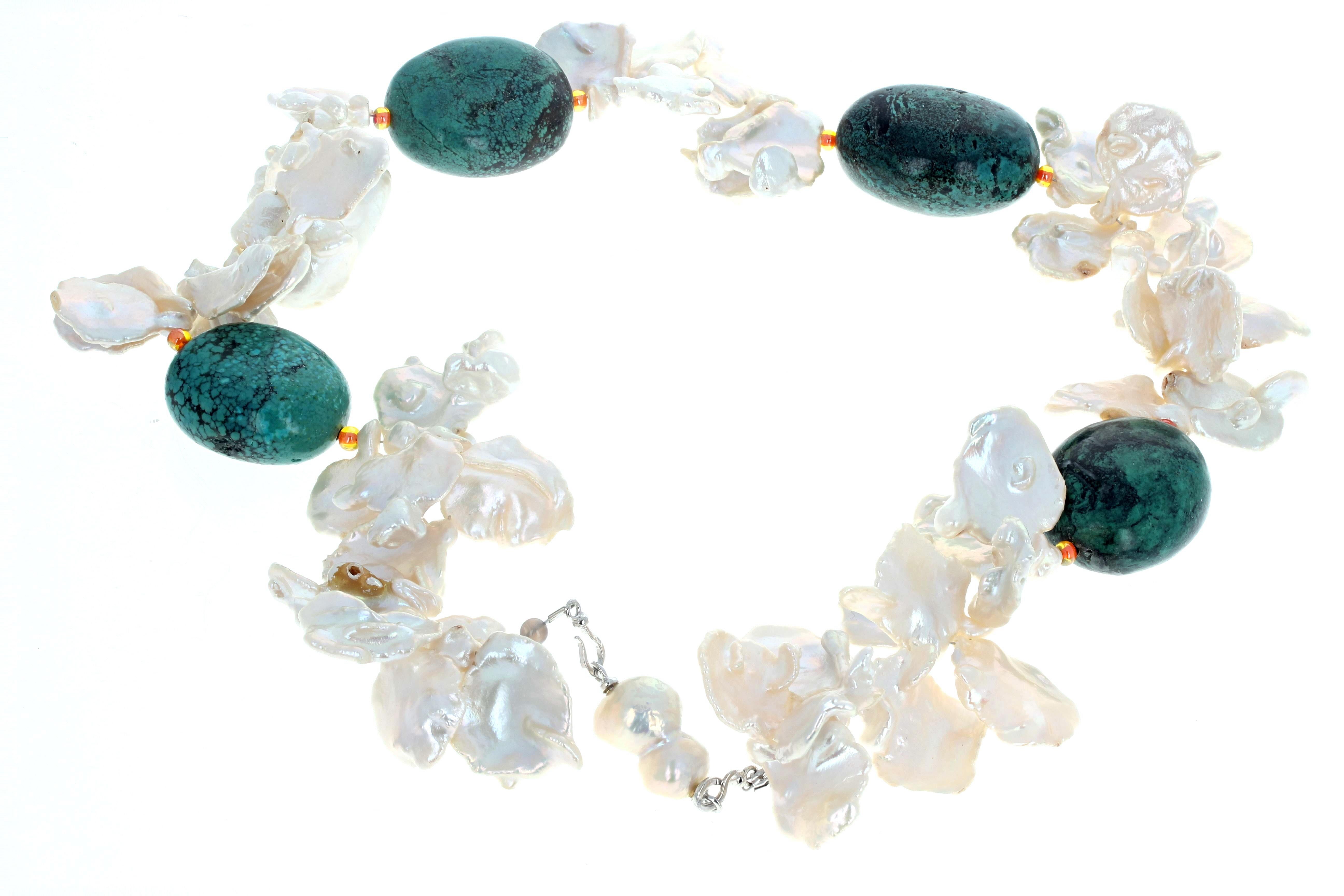 AJD Glowing Bright Natural FlipFlop Pearls & Polished Turquoise 21 Necklace In New Condition For Sale In Raleigh, NC