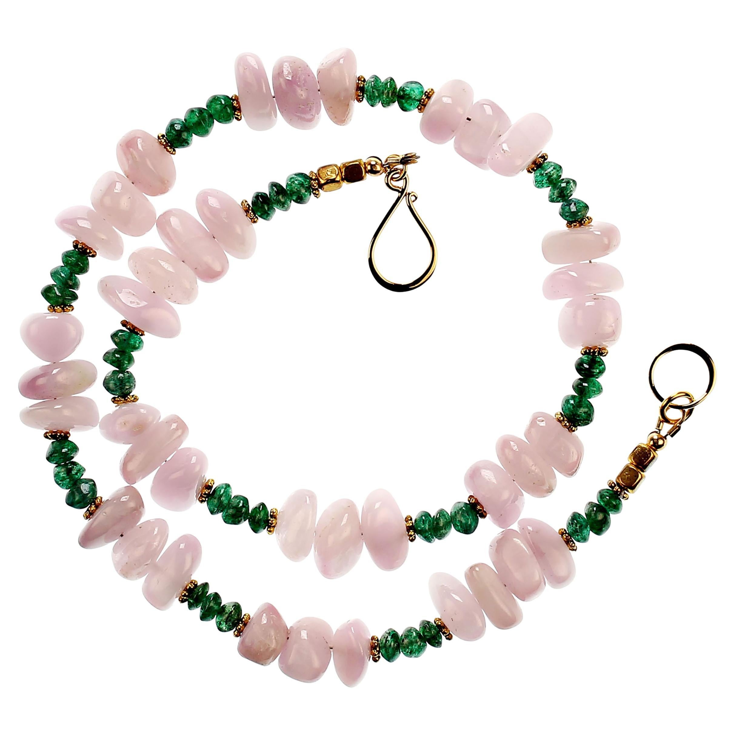 Unique necklace of highly polished Kunzite nuggets, 10 x 10 MM, in its best pinky-mauve shade combined with glorious green, green Aventurine rondelles, 5 MM. Accents of 22K over copper daisies and a 14K heavy gold plate hook and eye clasp. This 17