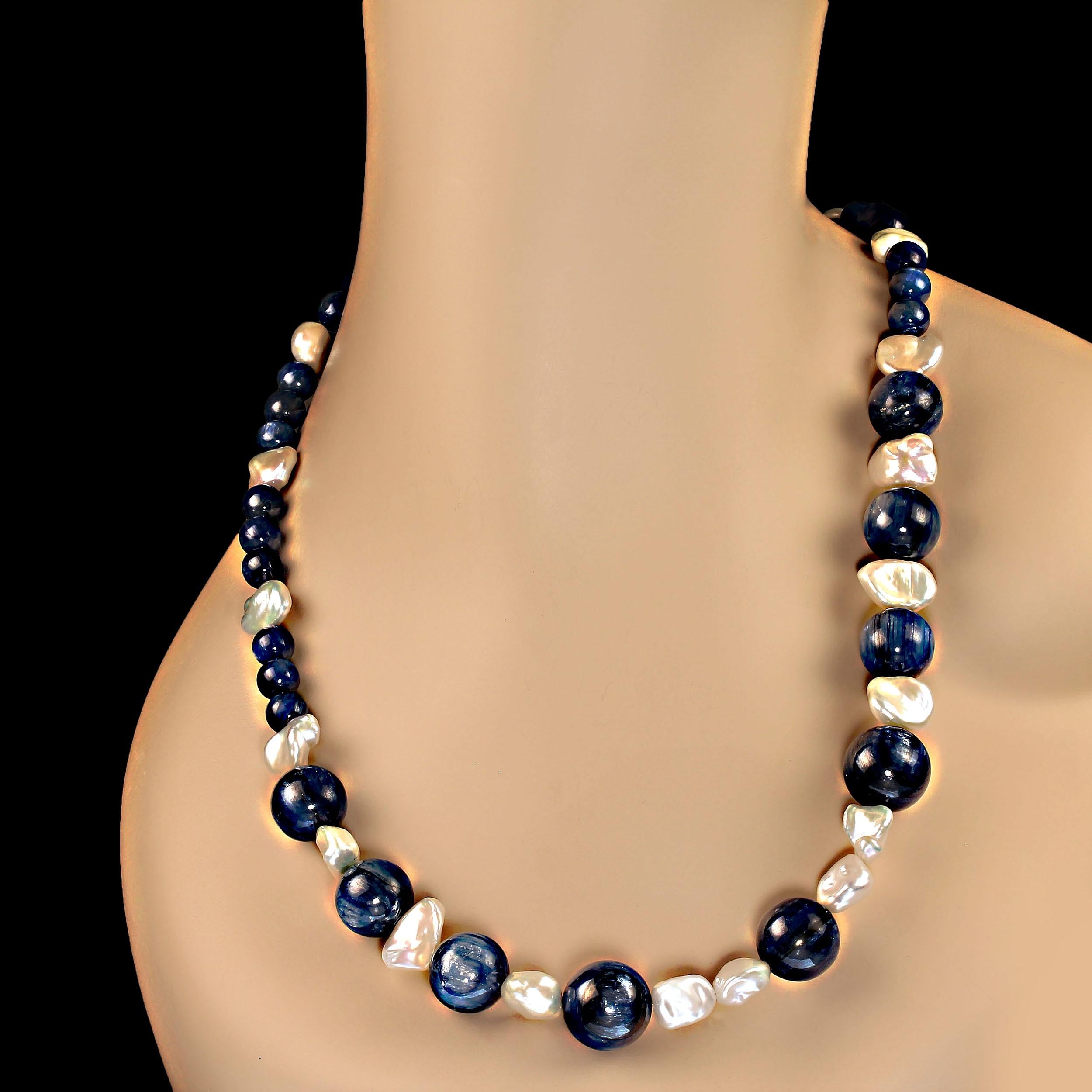 Bead AJD Glowing Kyanite and White Iridescent Pearl 23 Inch necklace Perfect Gift! For Sale