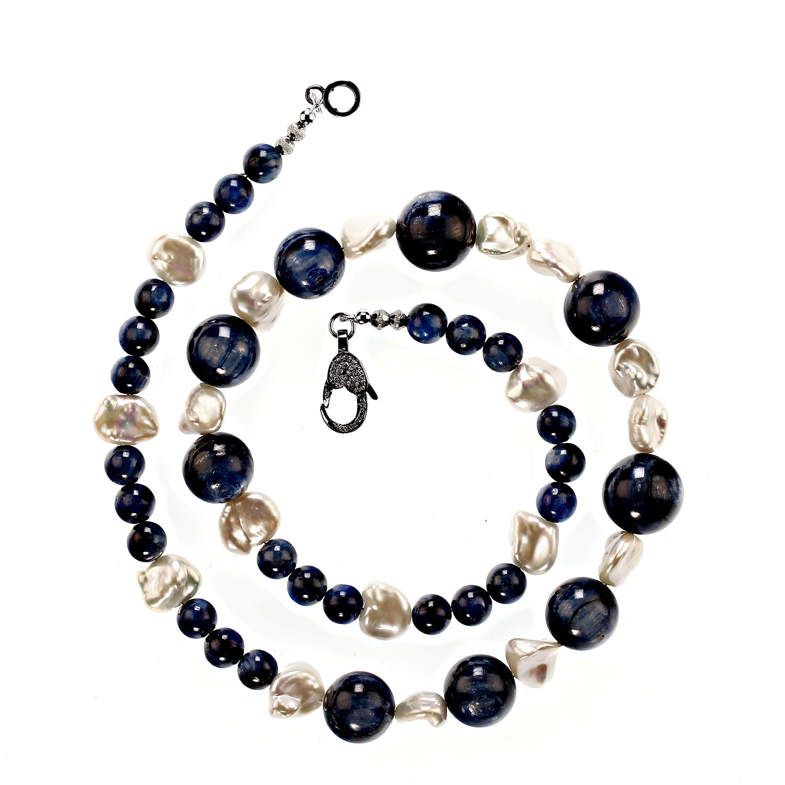 AJD Glowing Kyanite and White Iridescent Pearl 23 Inch necklace Perfect Gift! For Sale 3