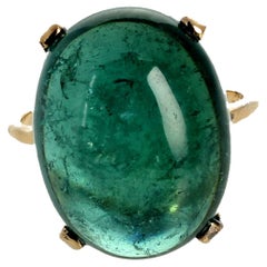AJD Glowing Natural Huge Green 31 Ct. Tourmaline Cabochon 14K Gold Ring