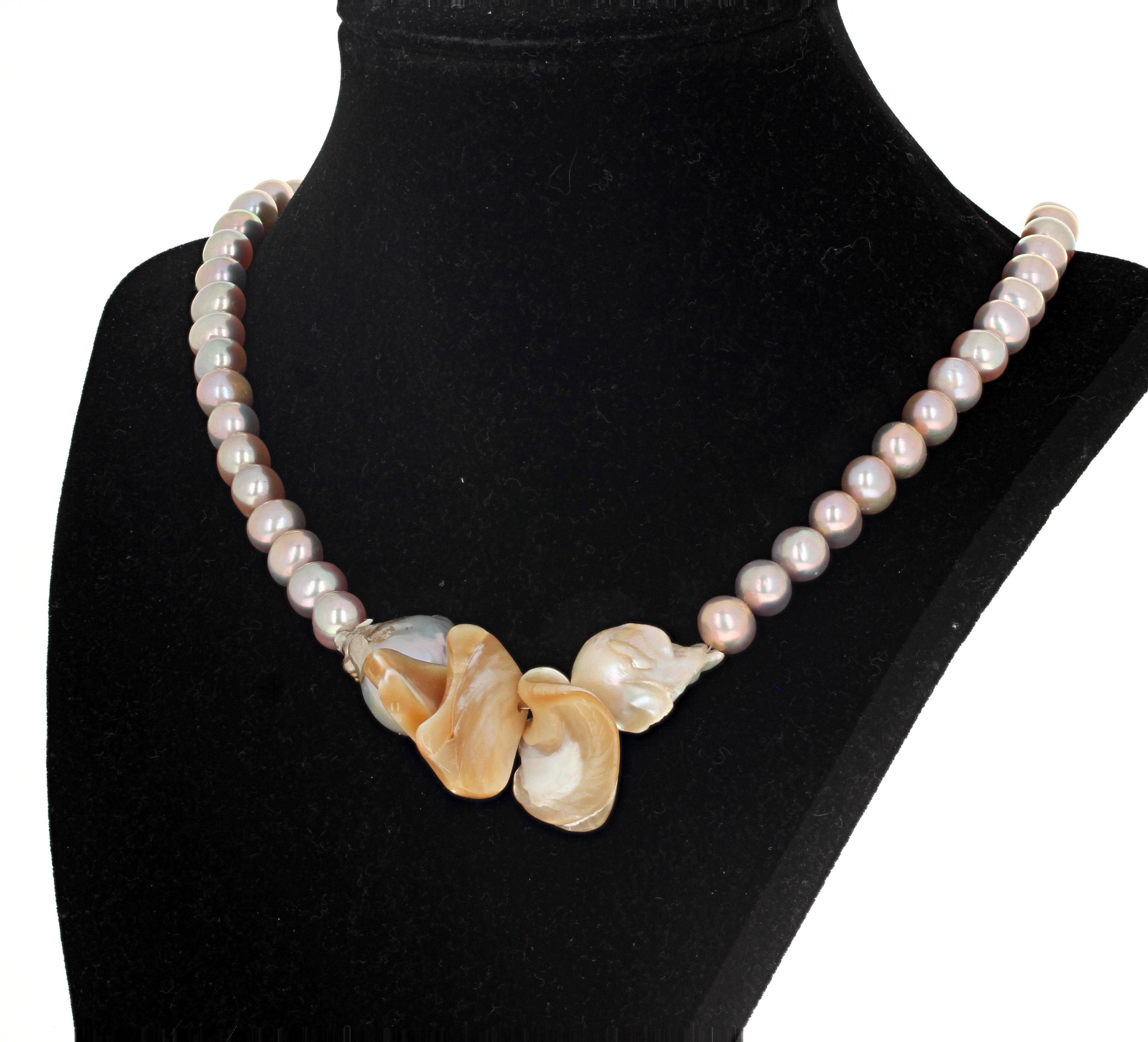 AJD Dramatic Pinky Cultured Pearls & Goldy Pearl Shells Artistic Necklace In New Condition In Raleigh, NC