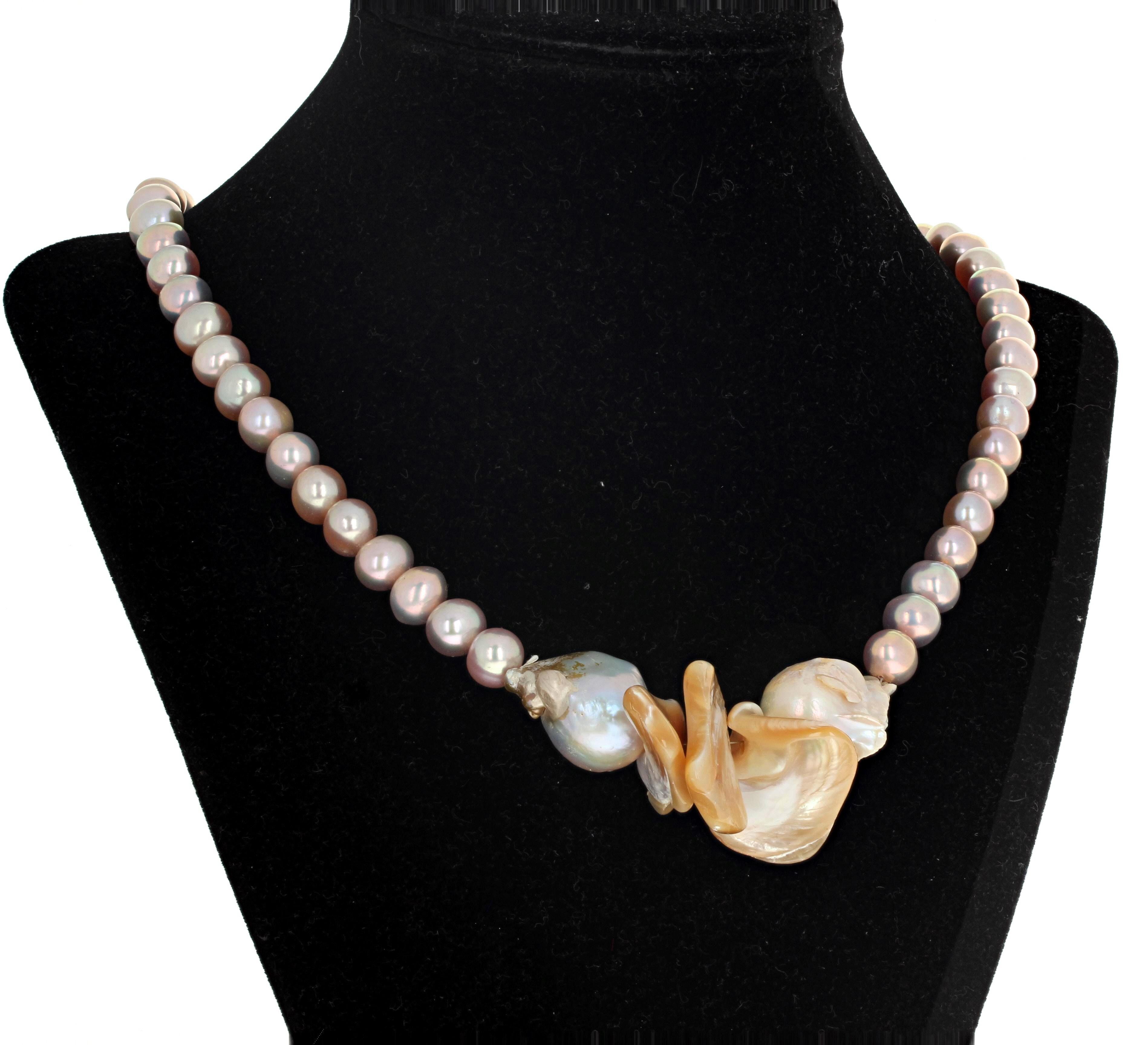 Women's or Men's AJD Dramatic Pinky Cultured Pearls & Goldy Pearl Shells Artistic Necklace