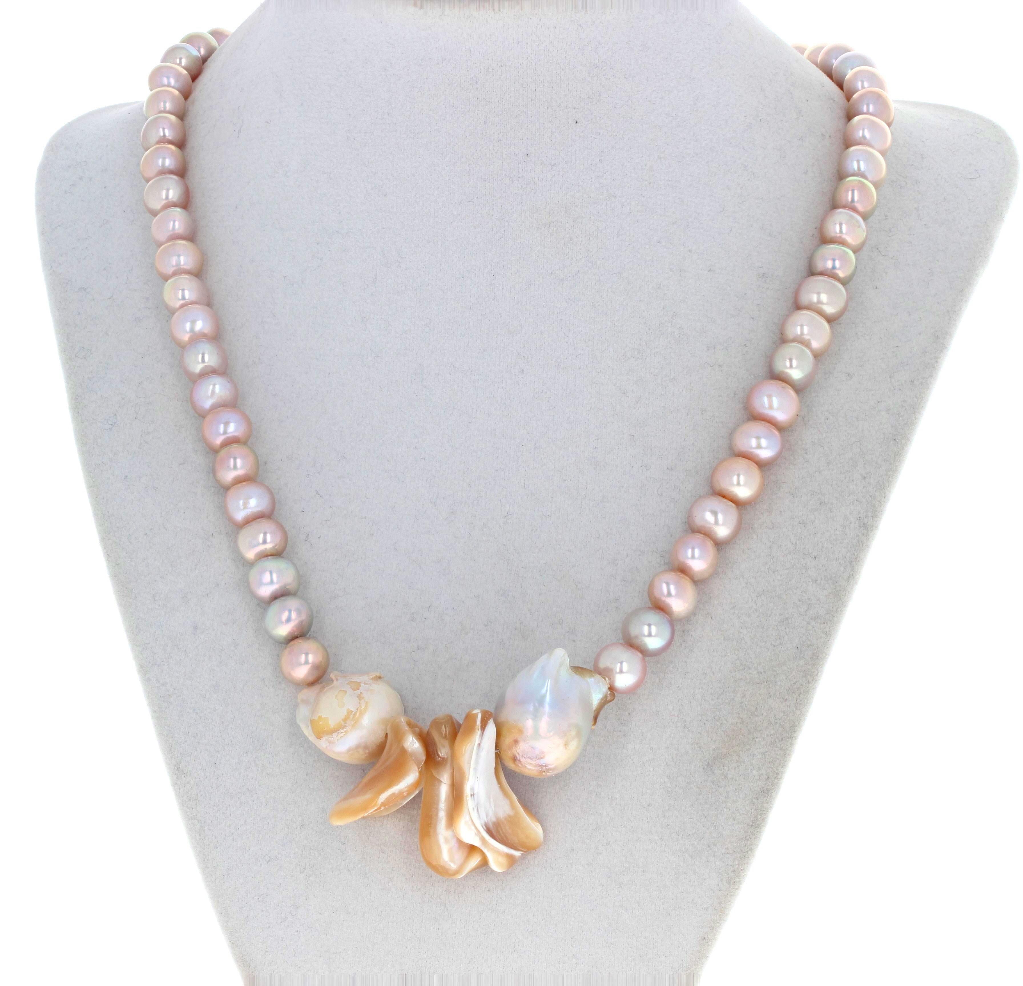 AJD Dramatic Pinky Cultured Pearls & Goldy Pearl Shells Artistic Necklace 1