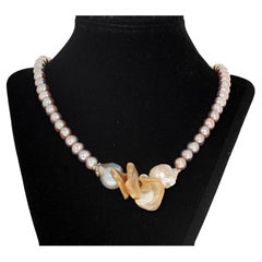 AJD Dramatic Pinky Cultured Pearls & Goldy Pearl Shells Artistic Necklace