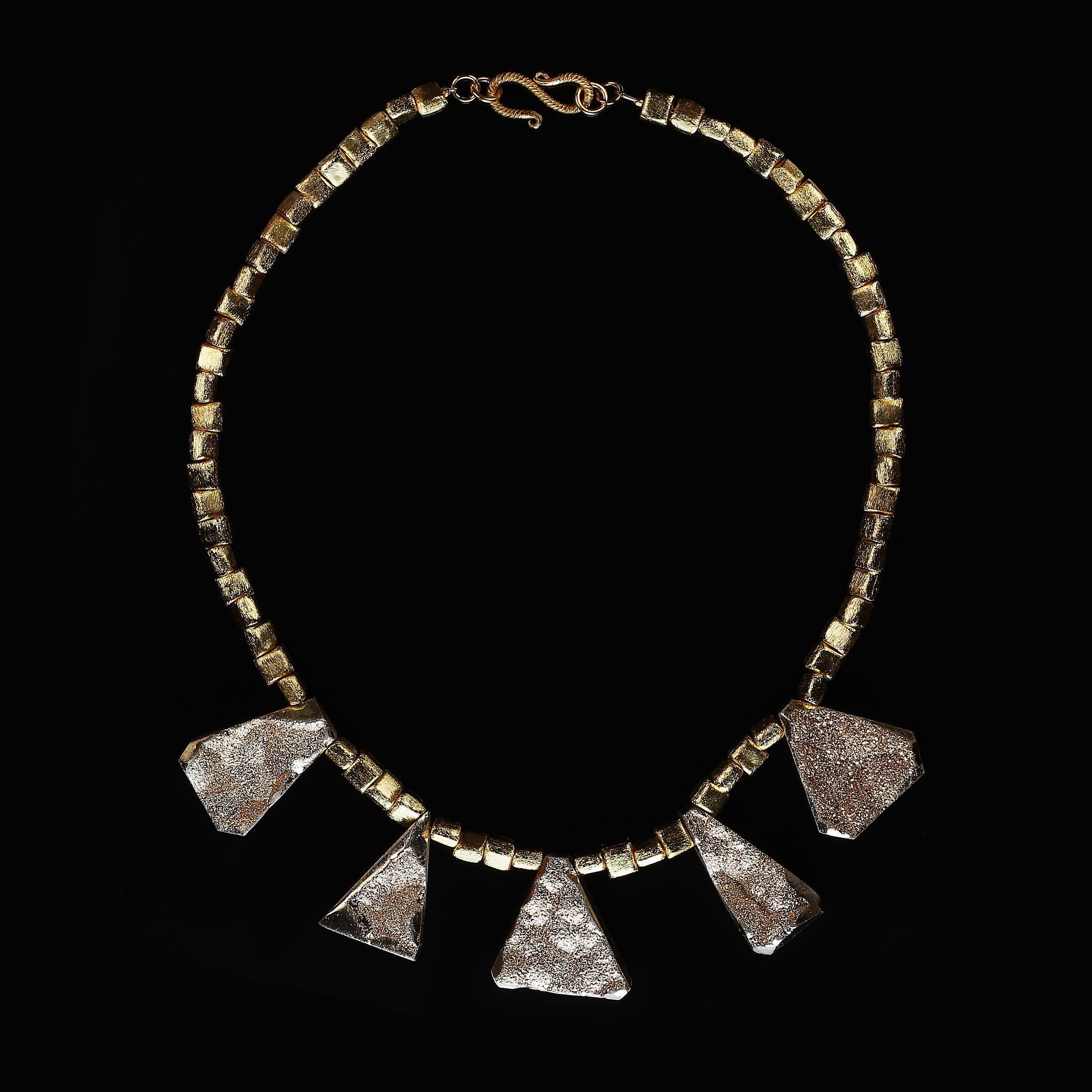 AJD 18 Inch Golden Druzy Triangles on Golden Beaded Necklace  Great Gift! In New Condition In Raleigh, NC