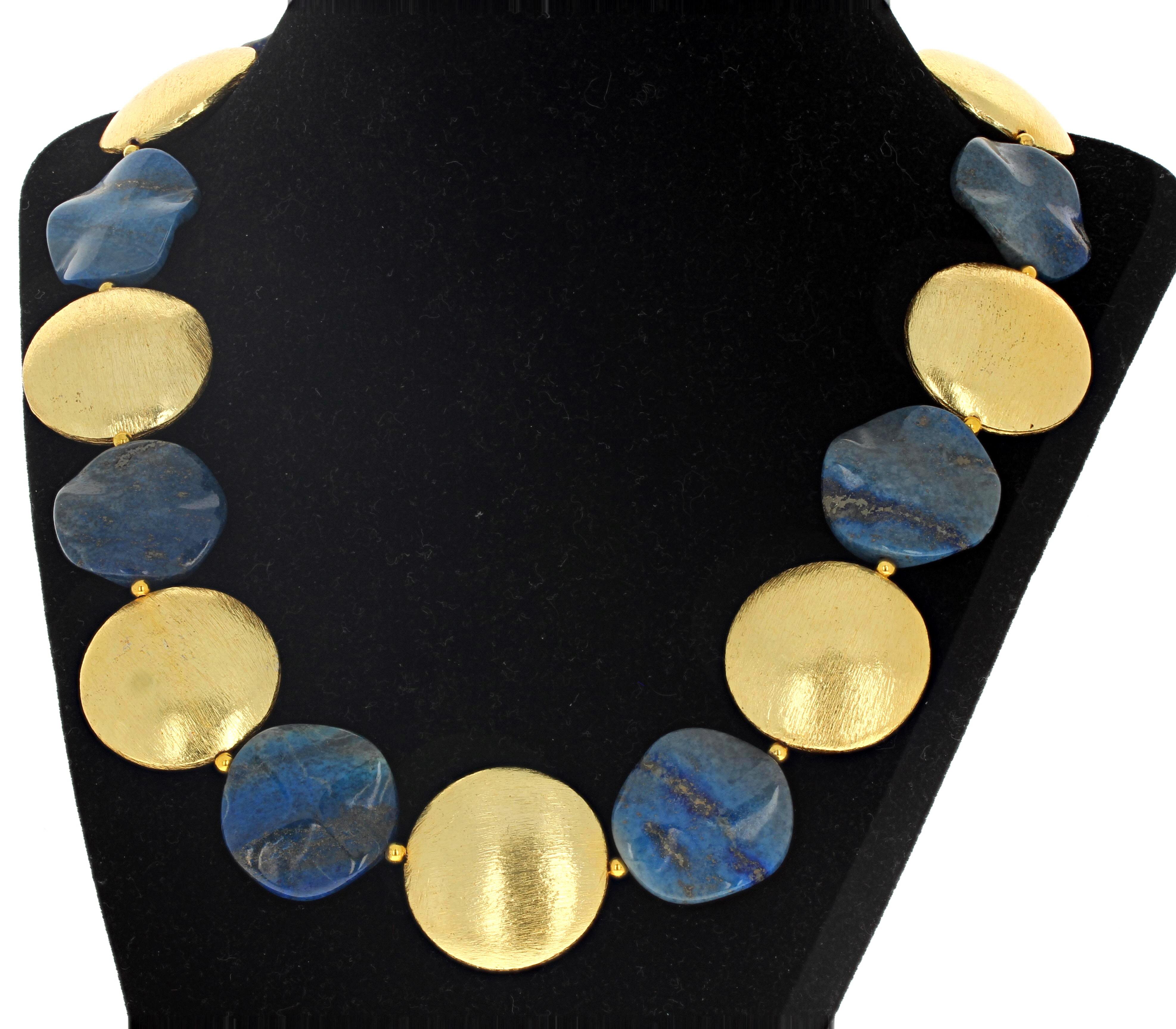 AJD Goldy Flickering Natural Lapis Lazuli & Large Goldy Rondels Necklace In New Condition For Sale In Raleigh, NC