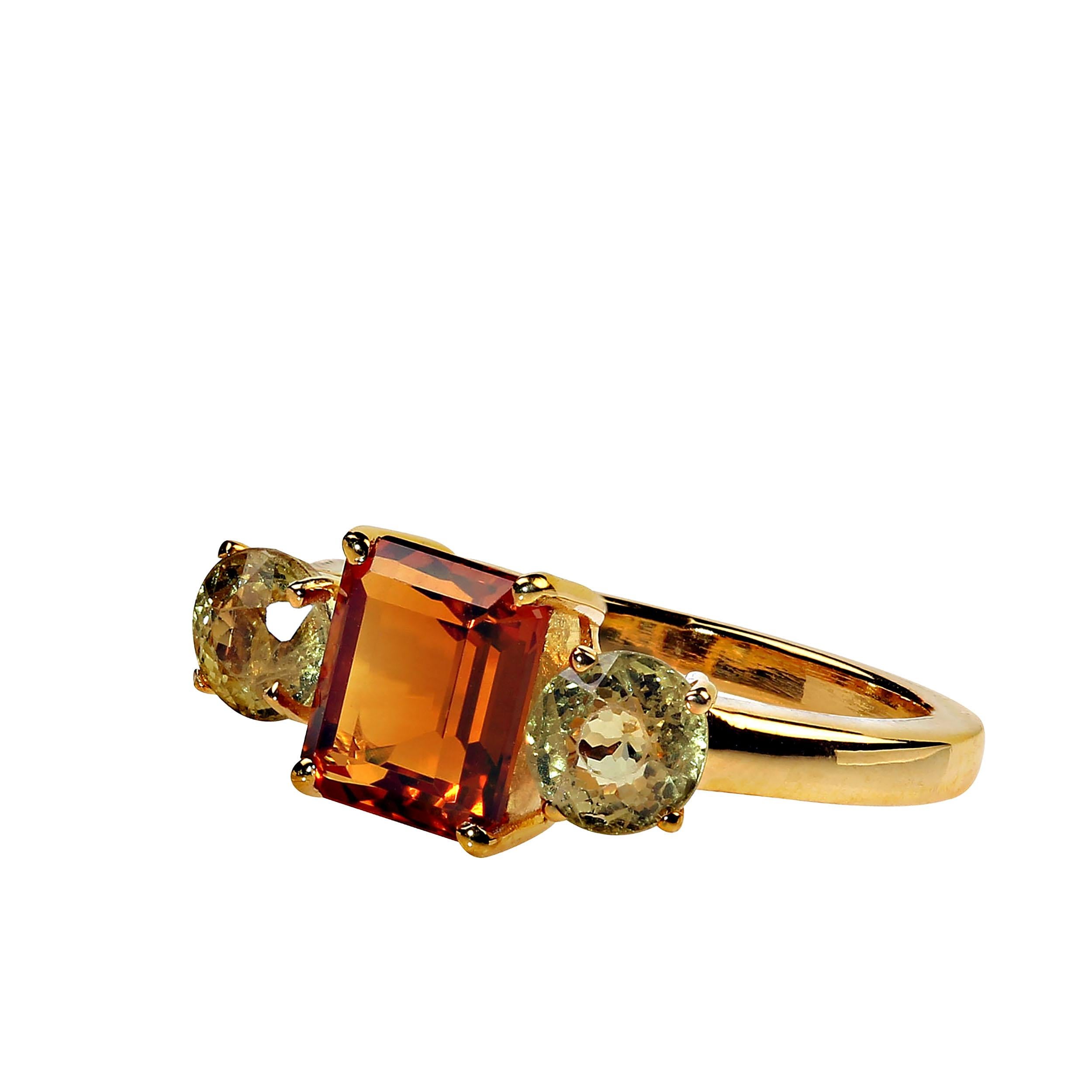 Emerald Cut AJD Gorgeous Citrine and Rare Mali Green Garnet 3 Stone Ring For Sale