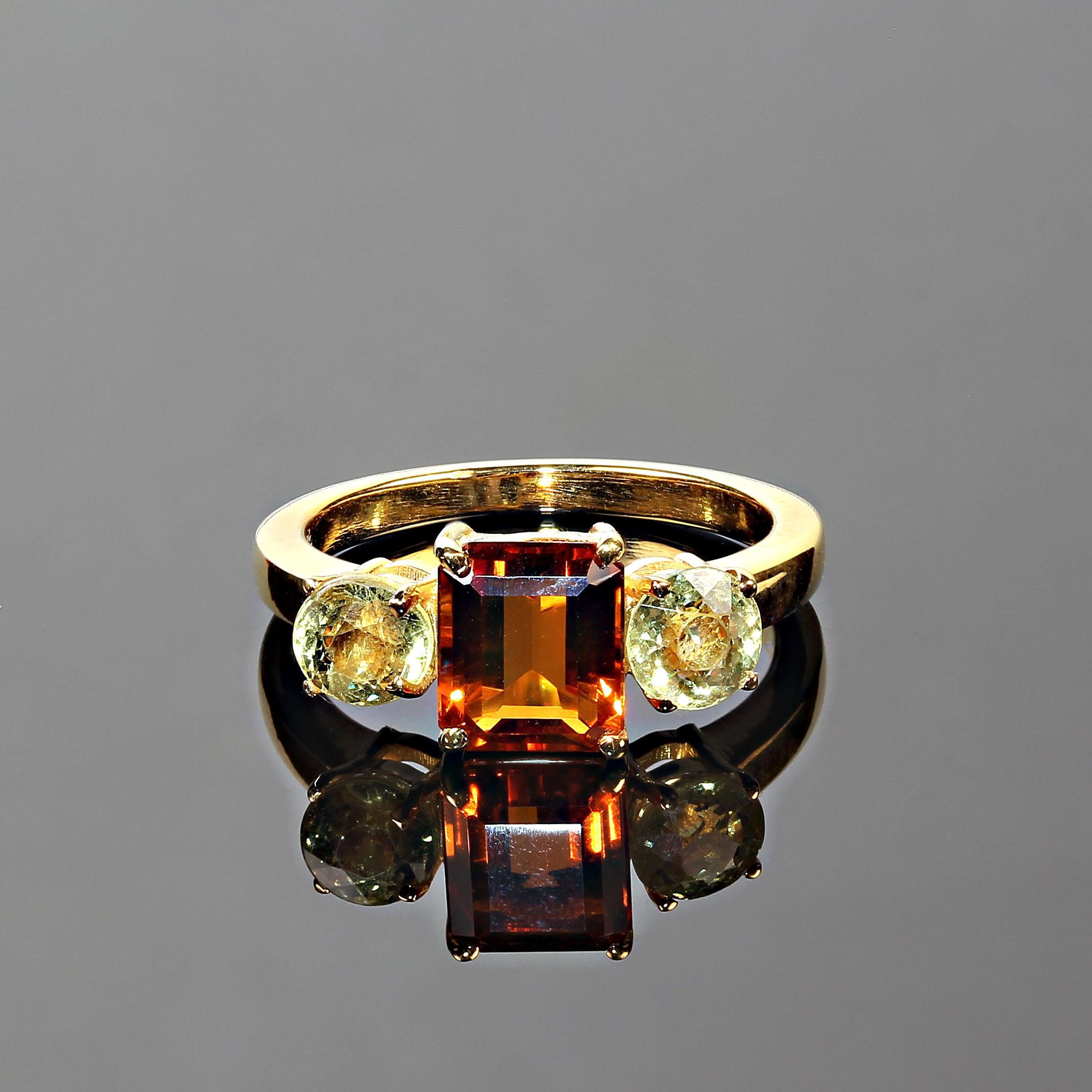 Women's or Men's AJD Gorgeous Citrine and Rare Mali Green Garnet 3 Stone Ring For Sale