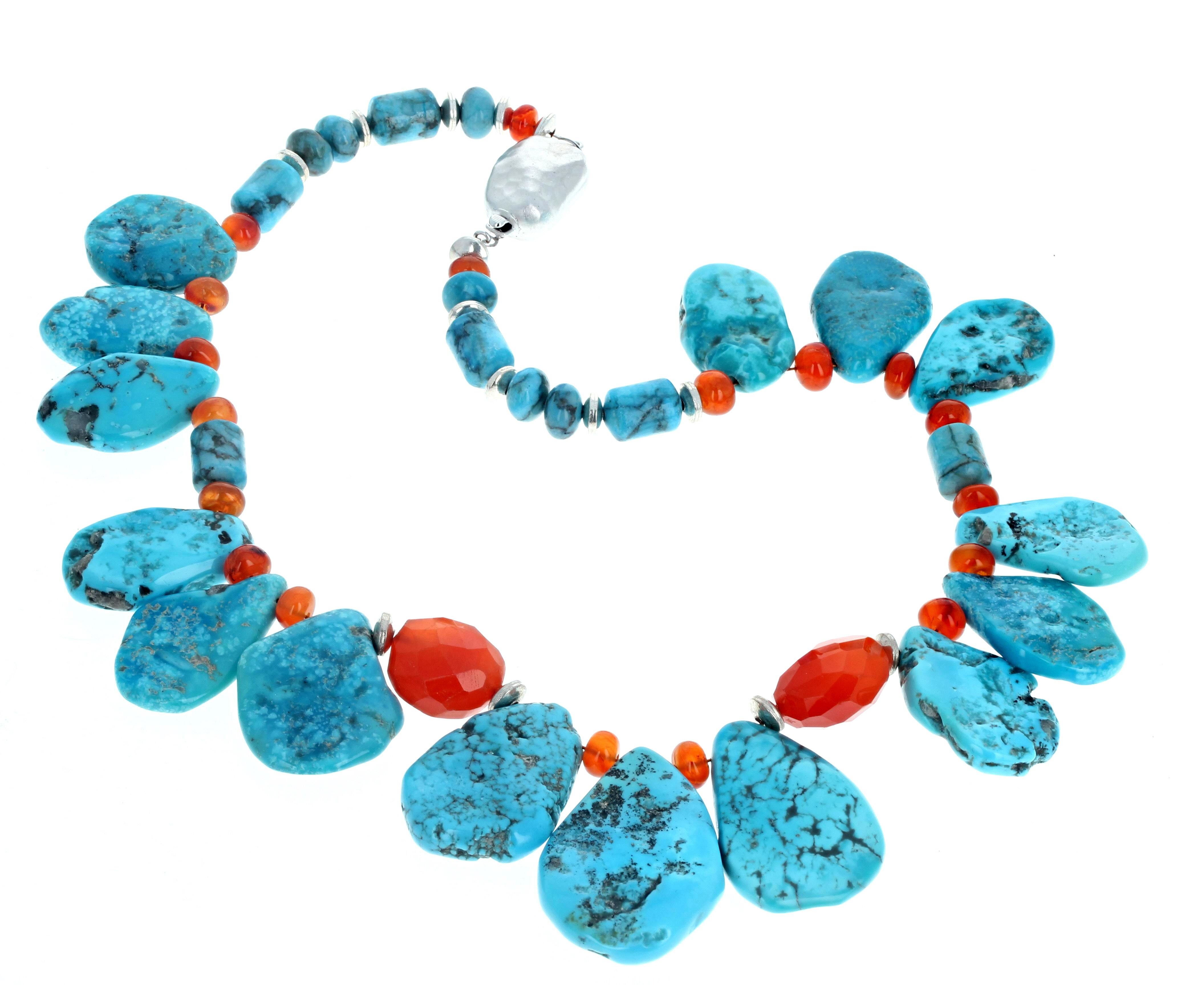 AJD Gorgeous Natural American Beauty Turquoise & Real Gemcut Carnelians Necklace In New Condition For Sale In Raleigh, NC