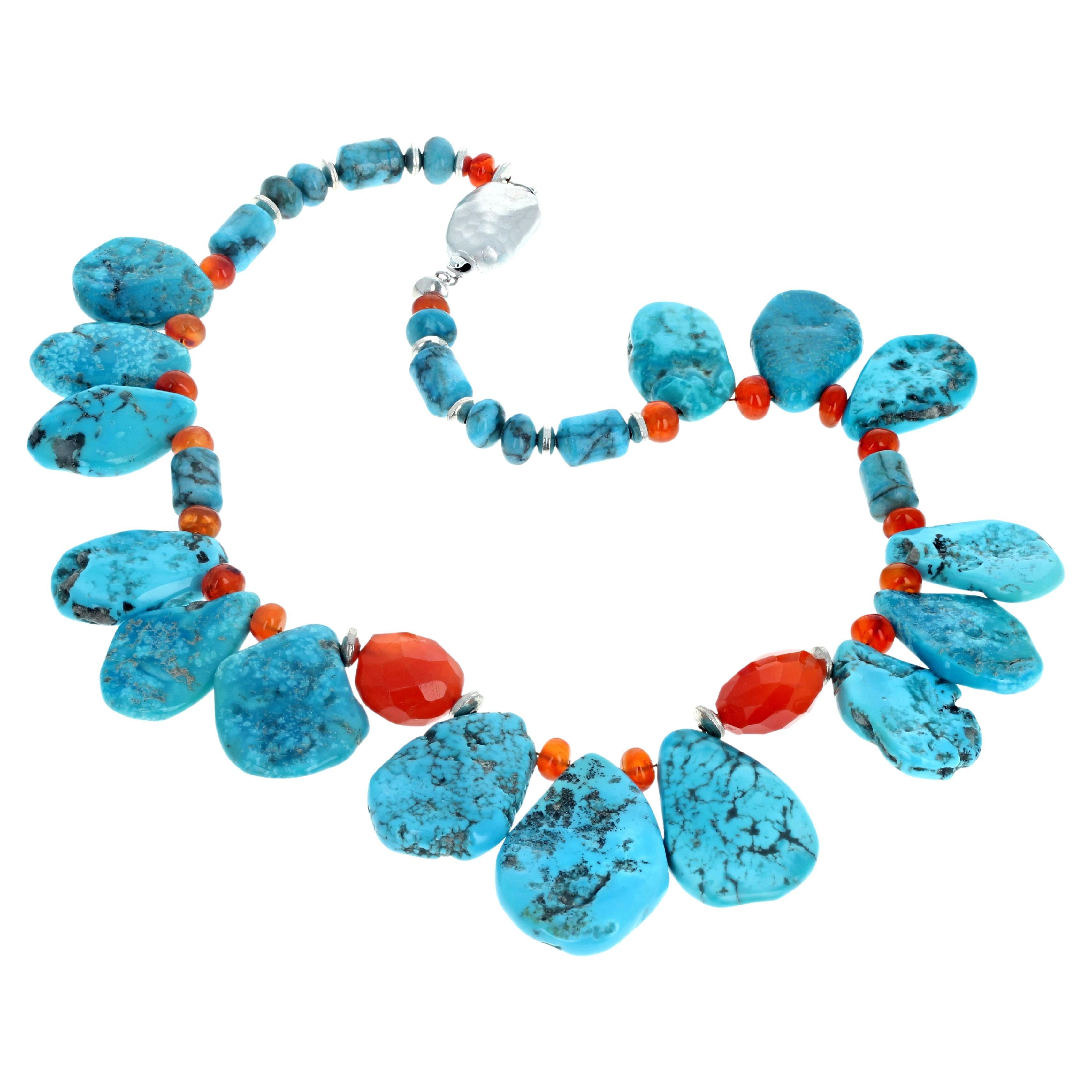 AJD Gorgeous Natural American Beauty Turquoise & Real Gemcut Carnelians Necklace For Sale