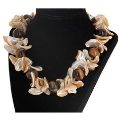 AJD Gorgeous Real Pearl Shells & Natural Tiger Eye Long Necklace